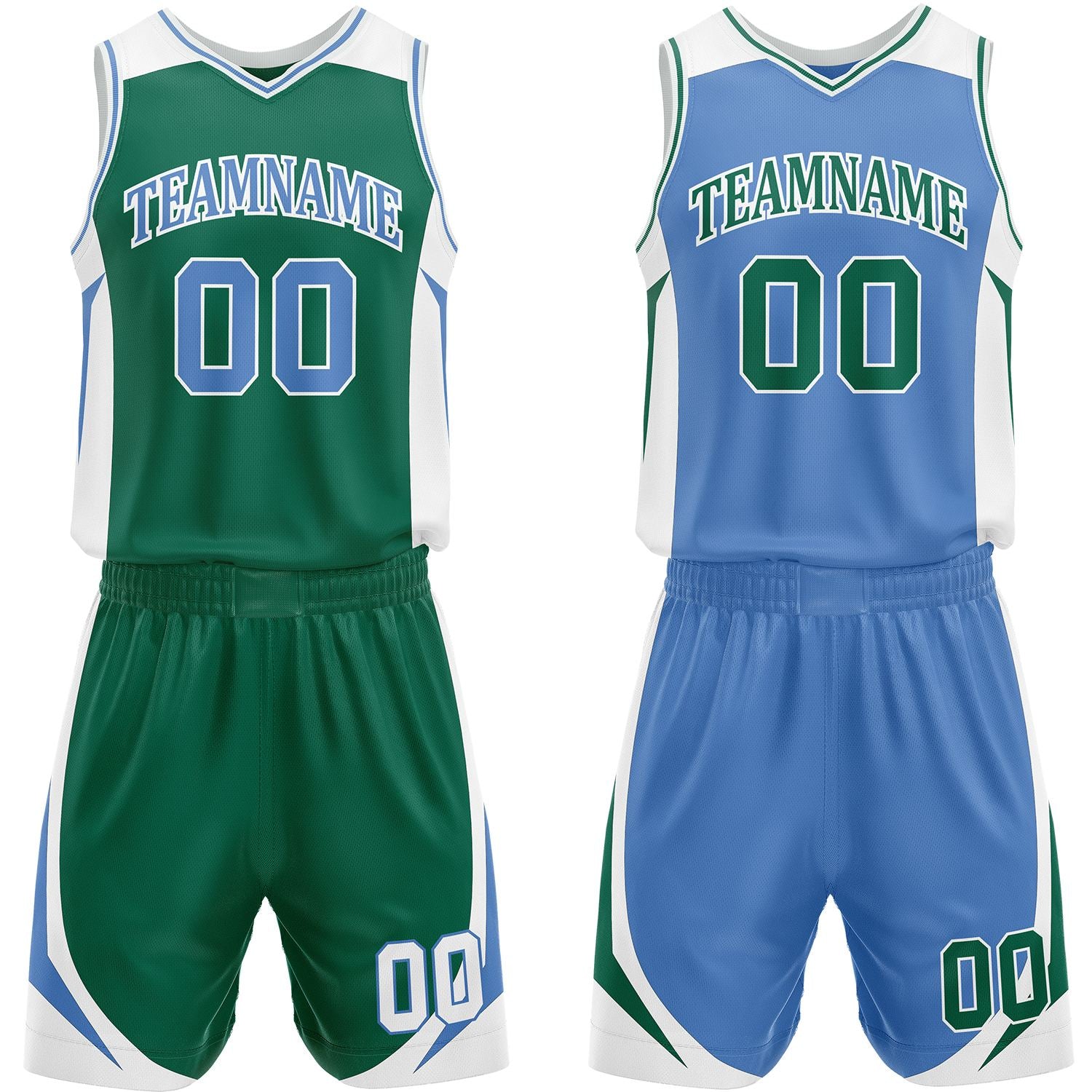Custom green and light blue reversible basketball uniform by Vosoli. Personalized with team name, number, and logo. Breathable mesh jersey and shorts for high school, college, and AAU teams.