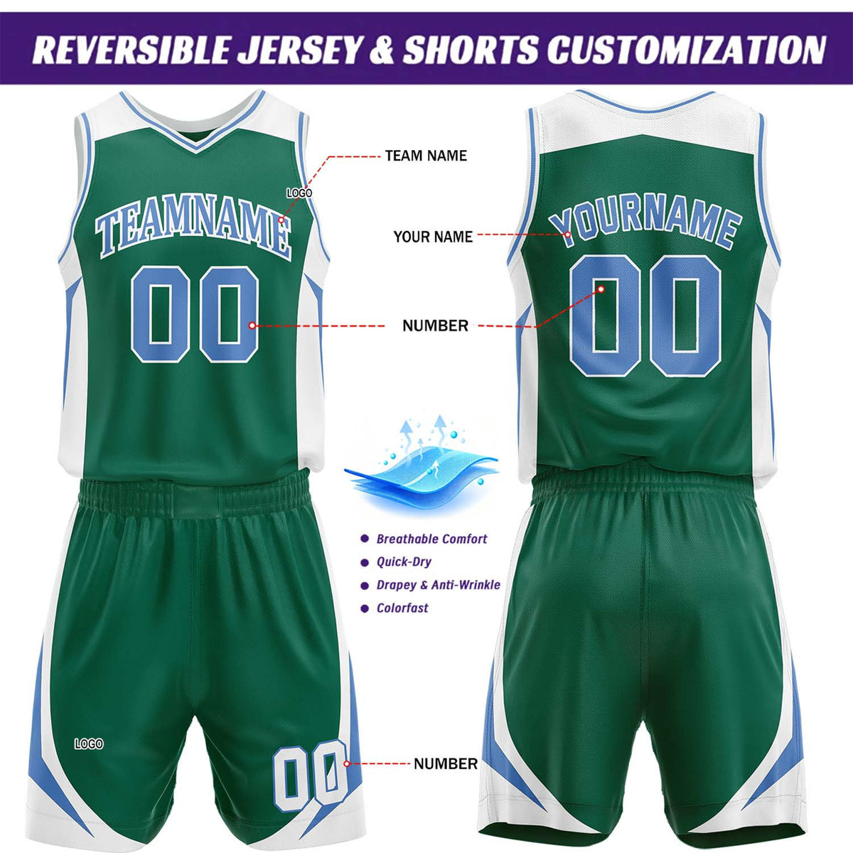 Custom Green & Light Blue Reversible Basketball Jersey Short Set | Personalized Team Uniforms Set for Adult Youth