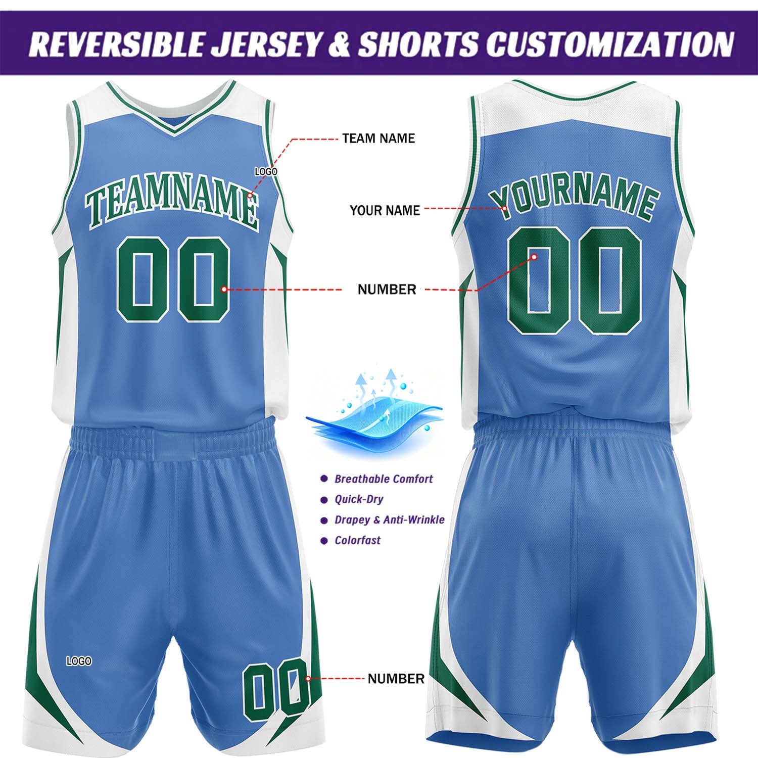 Custom Green & Light Blue Reversible Basketball Jersey Short Set | Personalized Team Uniforms Set for Adult Youth