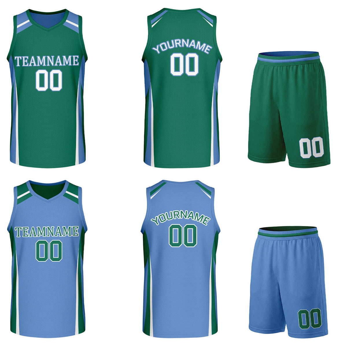Custom green and light blue reversible basketball uniform by Vosoli. Personalized with team name, number, and logo. Breathable mesh jersey and shorts for high school, college, and AAU teams.