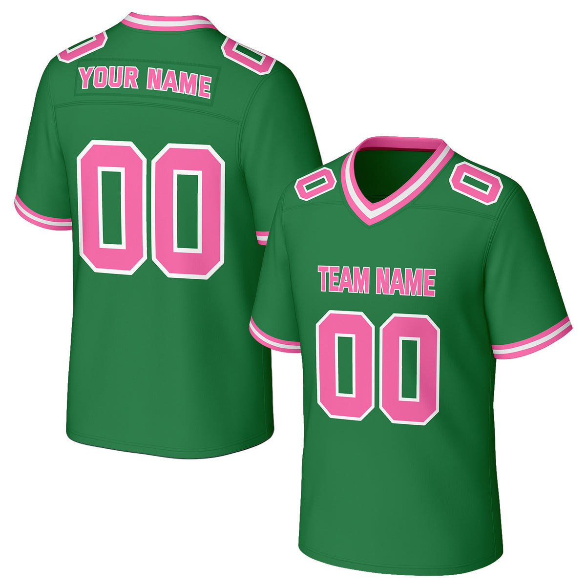 Custom green &amp; pink football jersey by Vosoli. Personalized with team name, number, and logo. Breathable mesh jersey for high school, college, football teams.