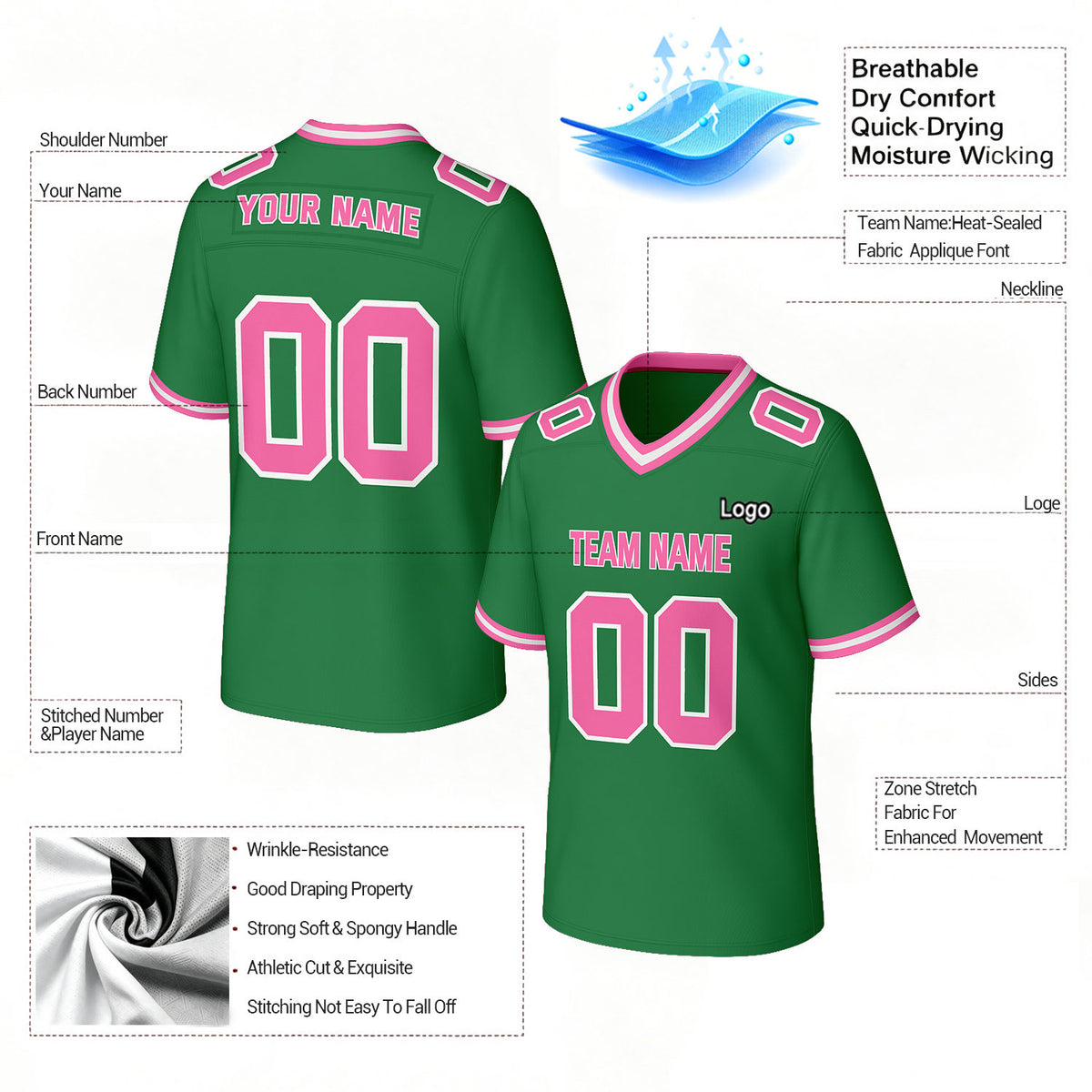 Custom Green & Pink Football Jersey | Personalized Football Team Uniform Top