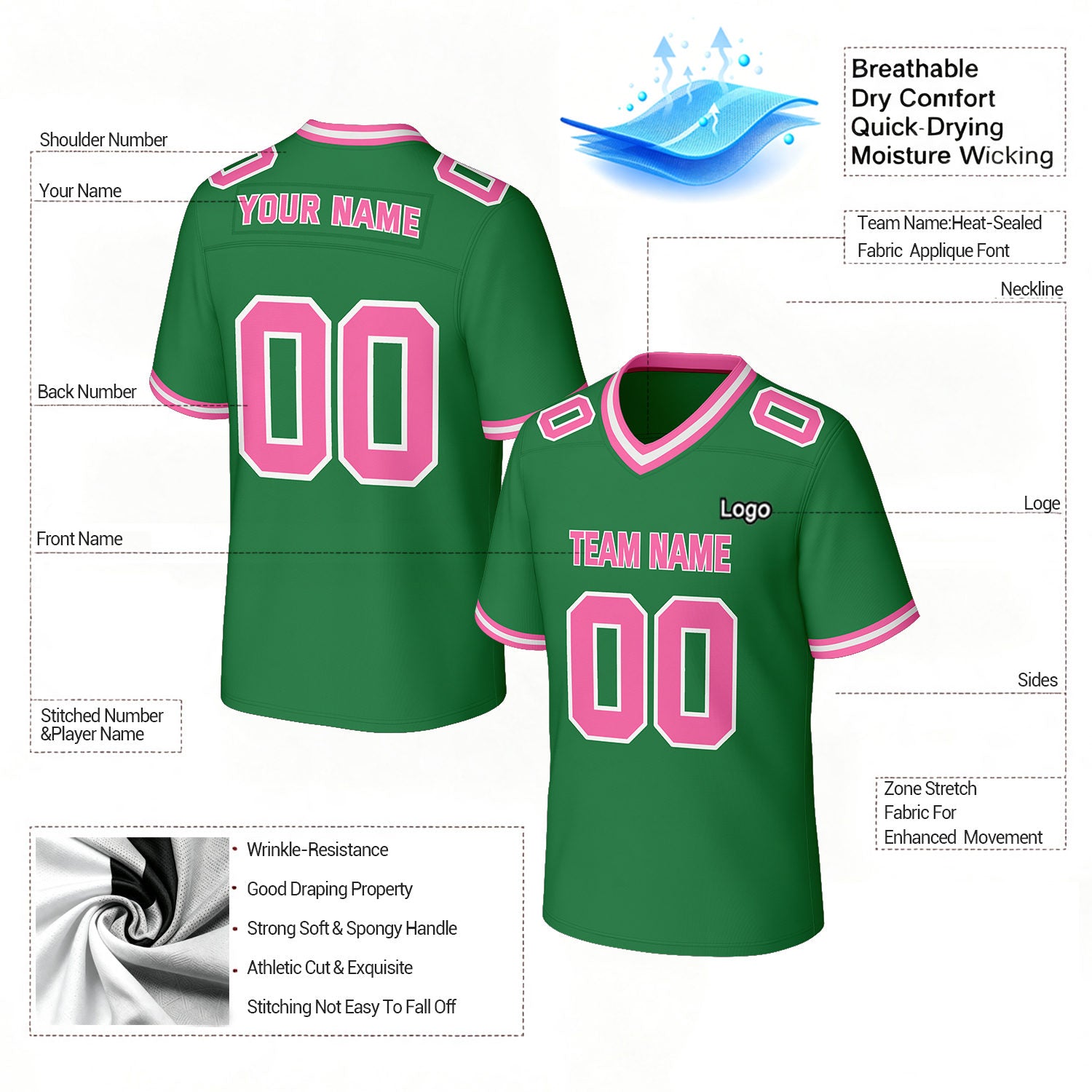 Custom Green & Pink Football Jersey | Personalized Football Team Uniform Top