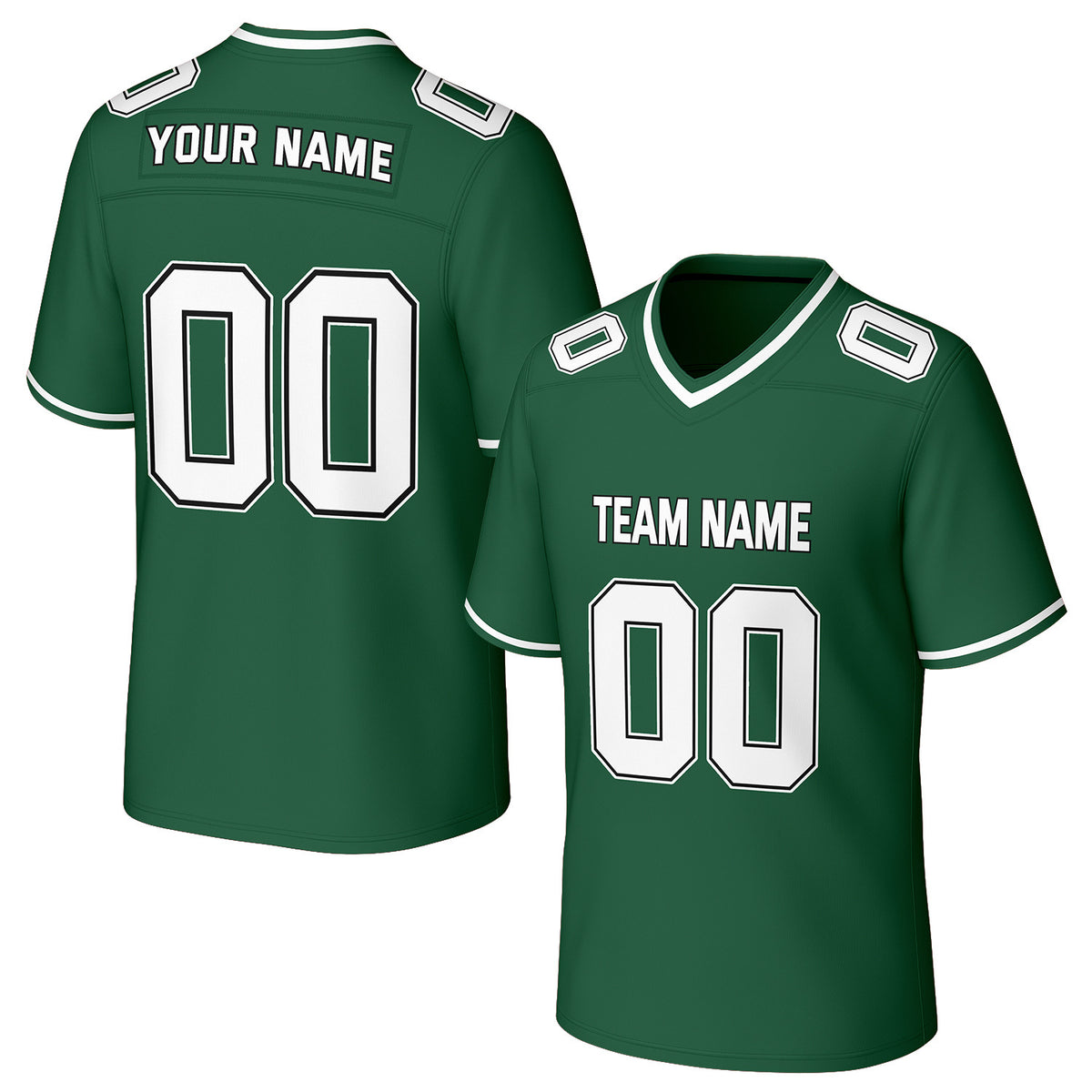 Custom green &amp; white football jersey by Vosoli. Personalized with team name, number, and logo. Breathable mesh jersey for high school, college, football teams.