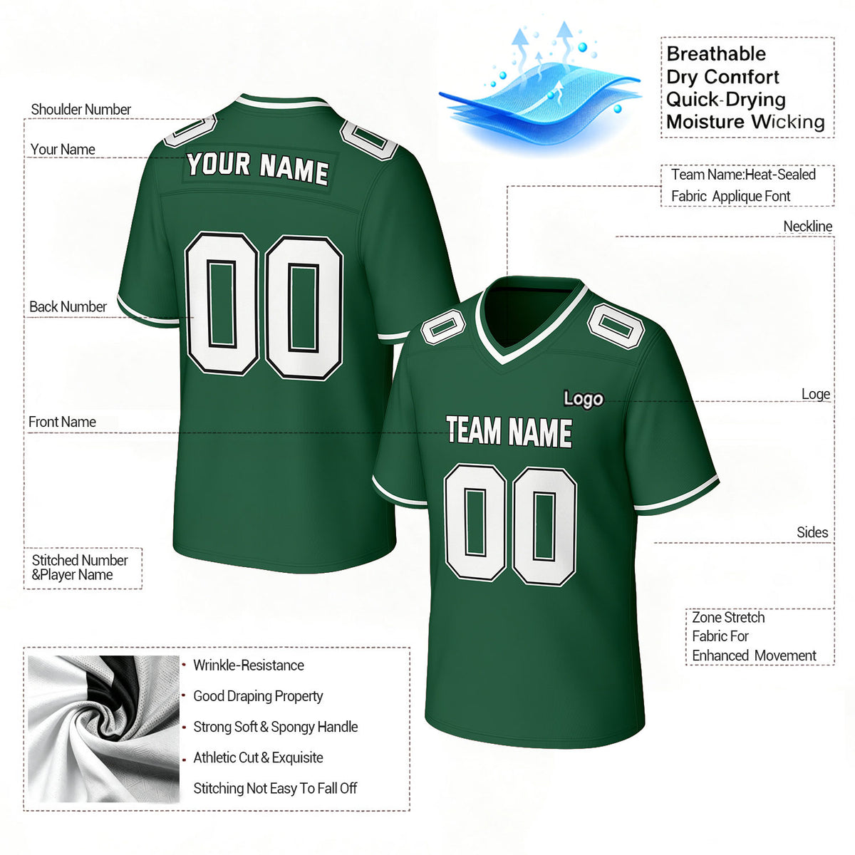 Custom Green & White Football Jersey | Personalized Football Team Uniform Top