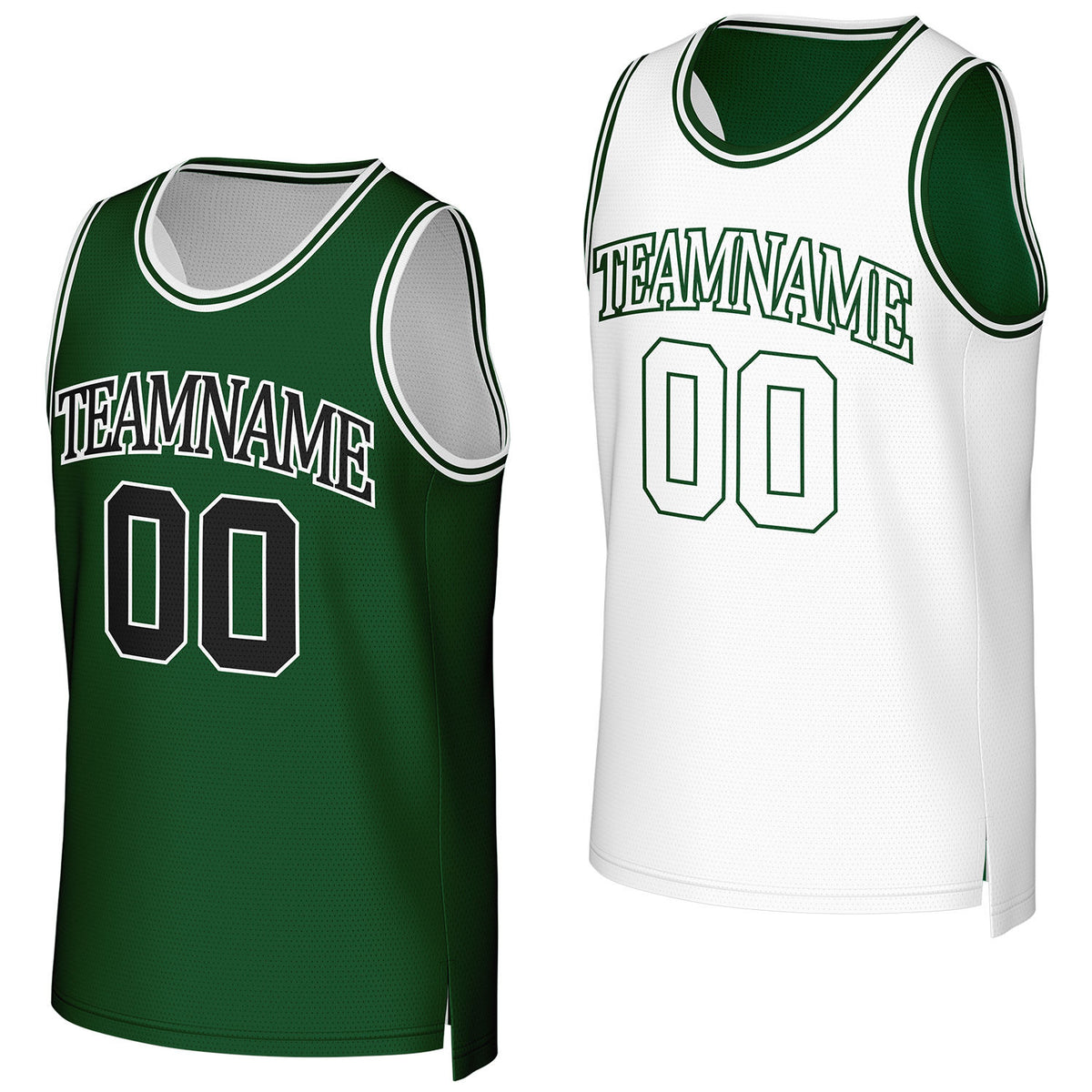 Custom green &amp; white reversible basketball jersey by Vosoli. Personalized with team name, number, and logo. Breathable mesh jersey for high school, college, AAU teams.