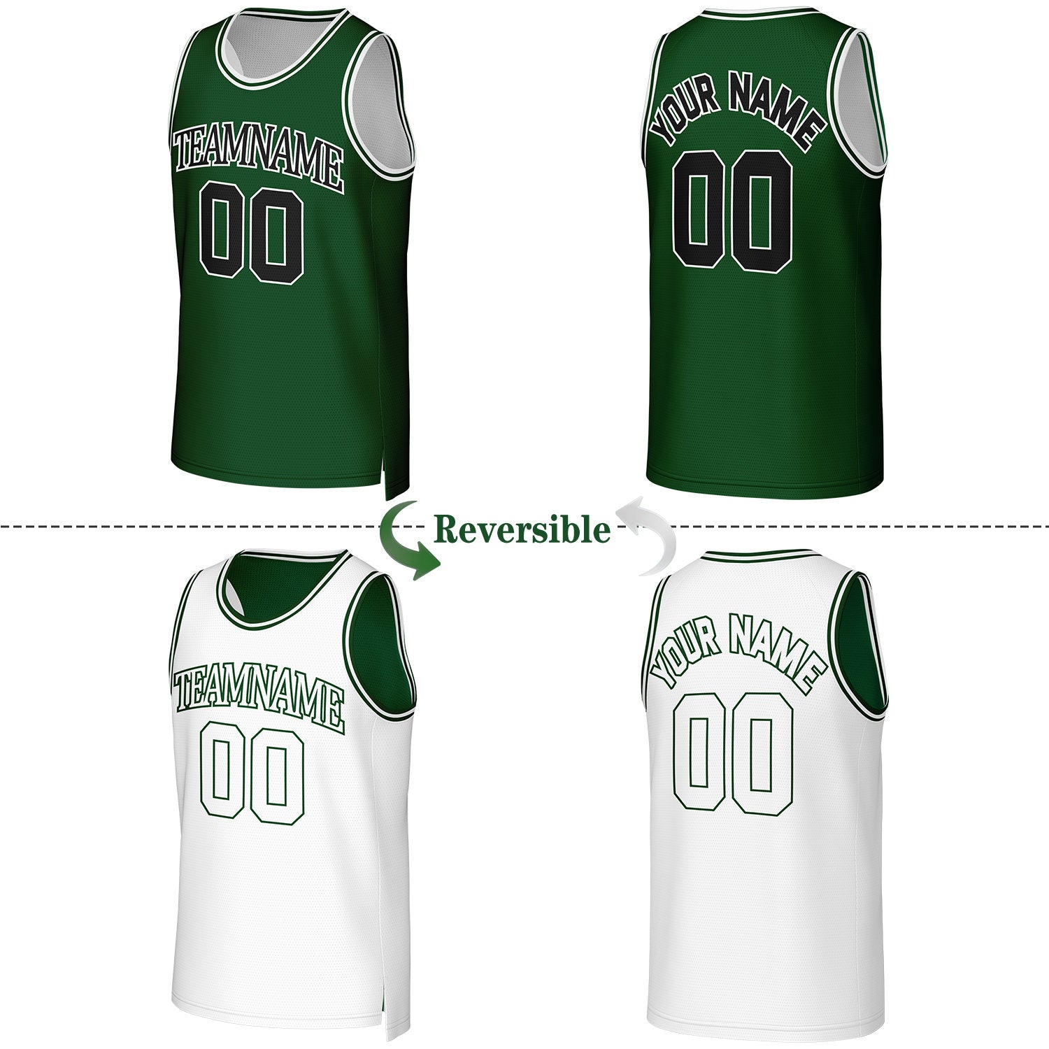 Custom Green & White Reversible Basketball Jersey | Personalized Team Uniform Top