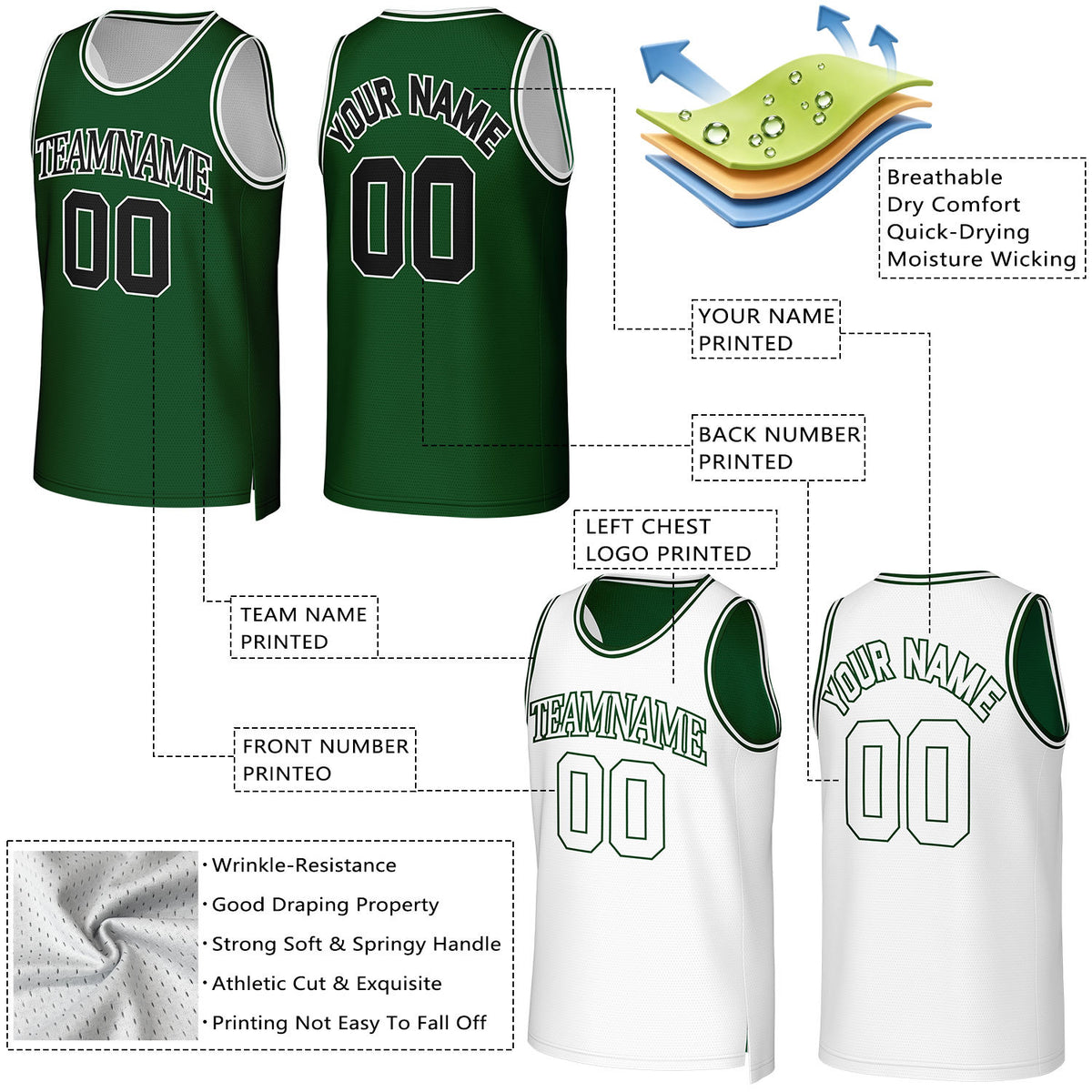 Custom Green & White Reversible Basketball Jersey | Personalized Team Uniform Top