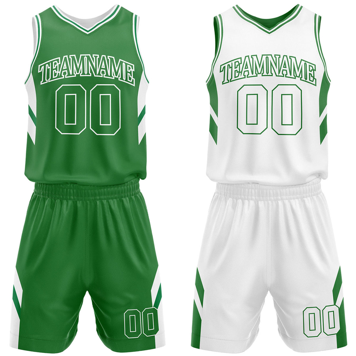 Custom green and white reversible basketball uniform by Vosoli. Personalized with team name, number, and logo. Breathable mesh jersey and shorts for high school, college, and AAU teams.