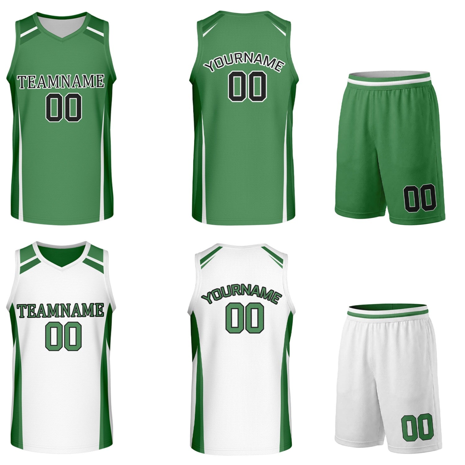 Custom green and white reversible basketball uniform by Vosoli. Personalized with team name, number, and logo. Breathable mesh jersey and shorts for high school, college, and AAU teams.