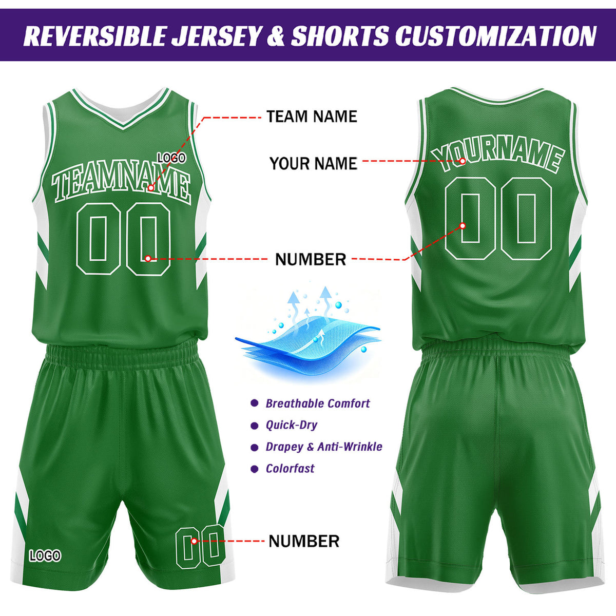 Custom Green & White Reversible Mesh Basketball Uniform Set, Personalized Printed Name Number Jersey & Shorts for Adult & Youth