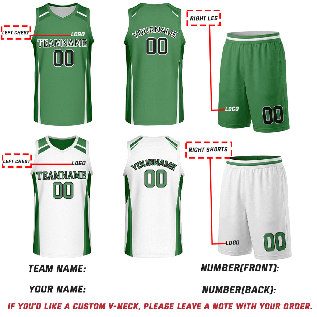 Custom Green & White Reversible Basketball Jerseys | Personalized Team Uniforms Set for Men Women