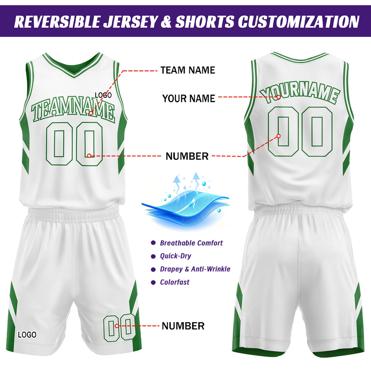 Custom Green & White Reversible Mesh Basketball Uniform Set, Personalized Printed Name Number Jersey & Shorts for Adult & Youth