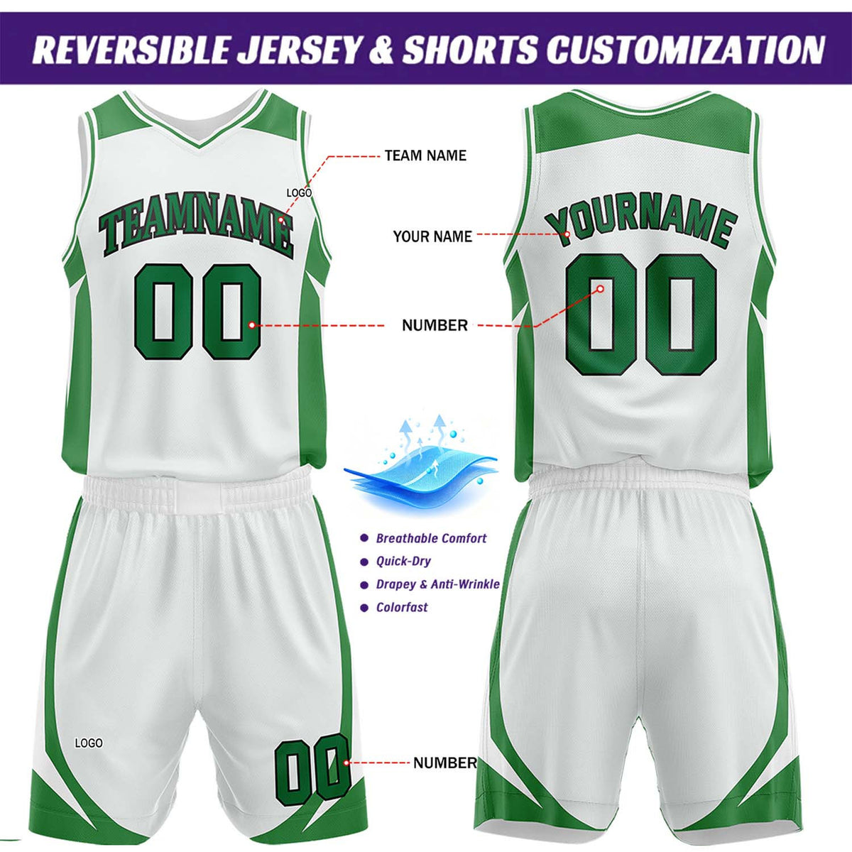 Custom Green & White Reversible Basketball Jersey Short Set | Personalized Team Uniforms Set for Adult Youth