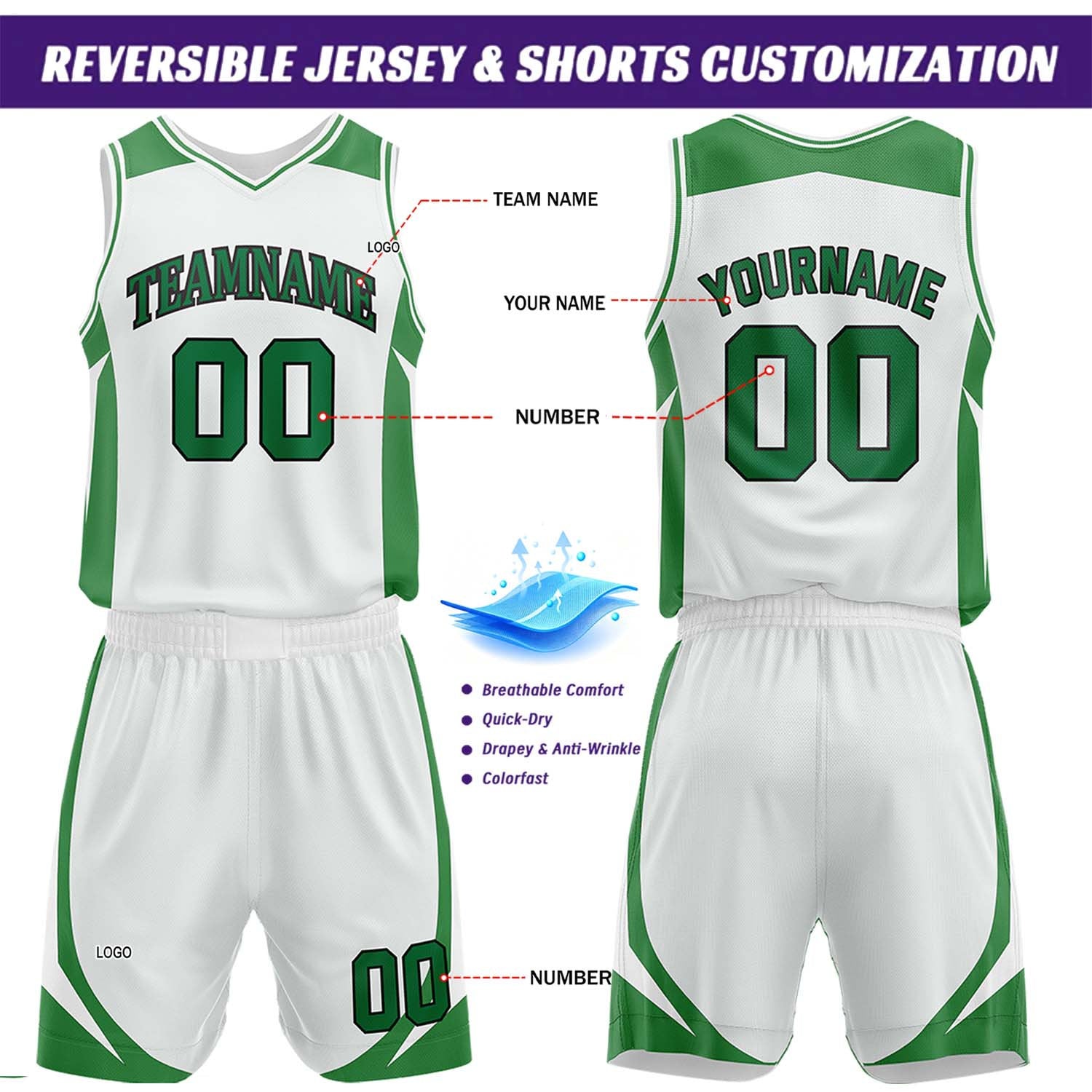 Custom Green & White Reversible Basketball Jersey Short Set | Personalized Team Uniforms Set for Adult Youth