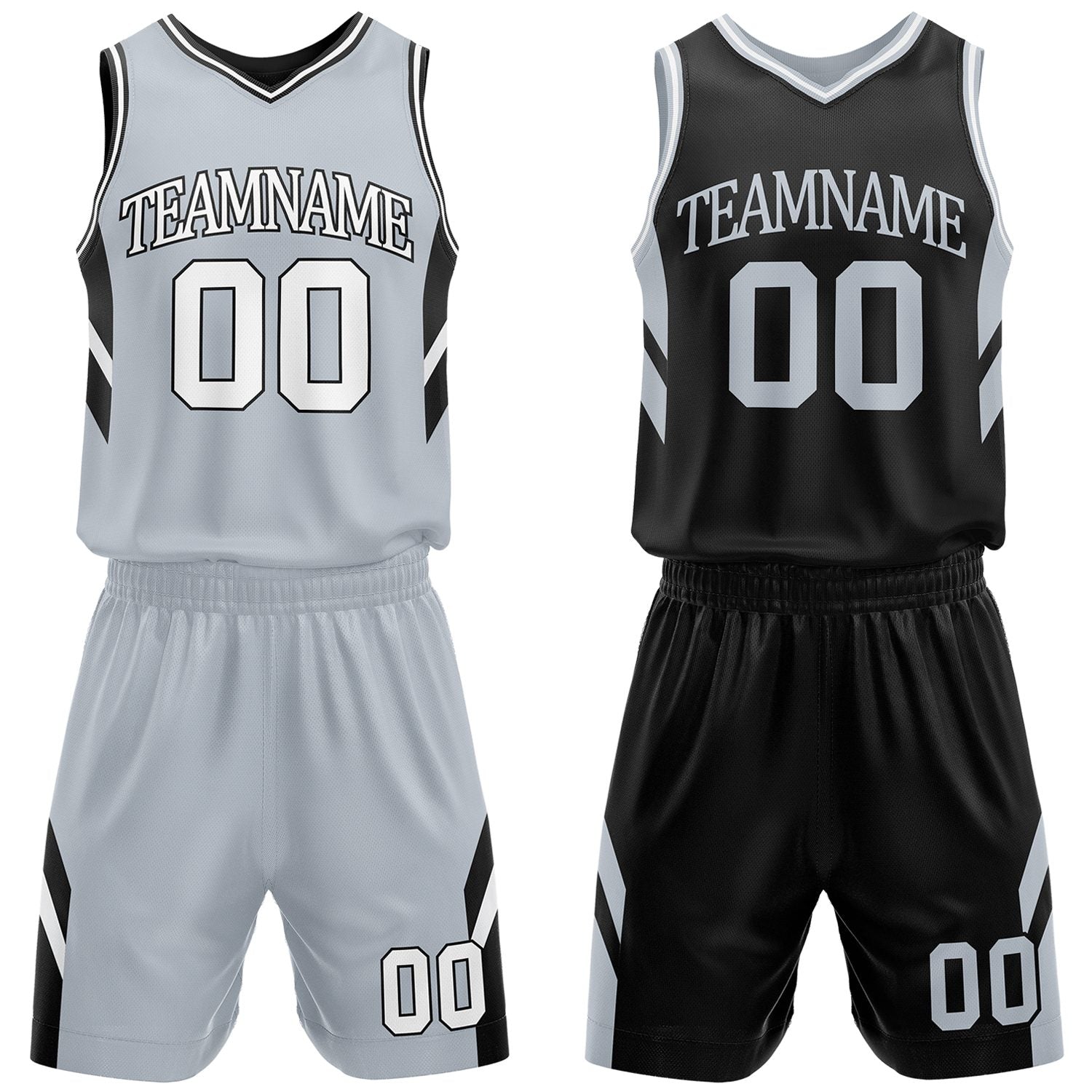 Custom grey and black reversible basketball uniform by Vosoli. Personalized with team name, number, and logo. Breathable mesh jersey and shorts for high school, college, and AAU teams.
