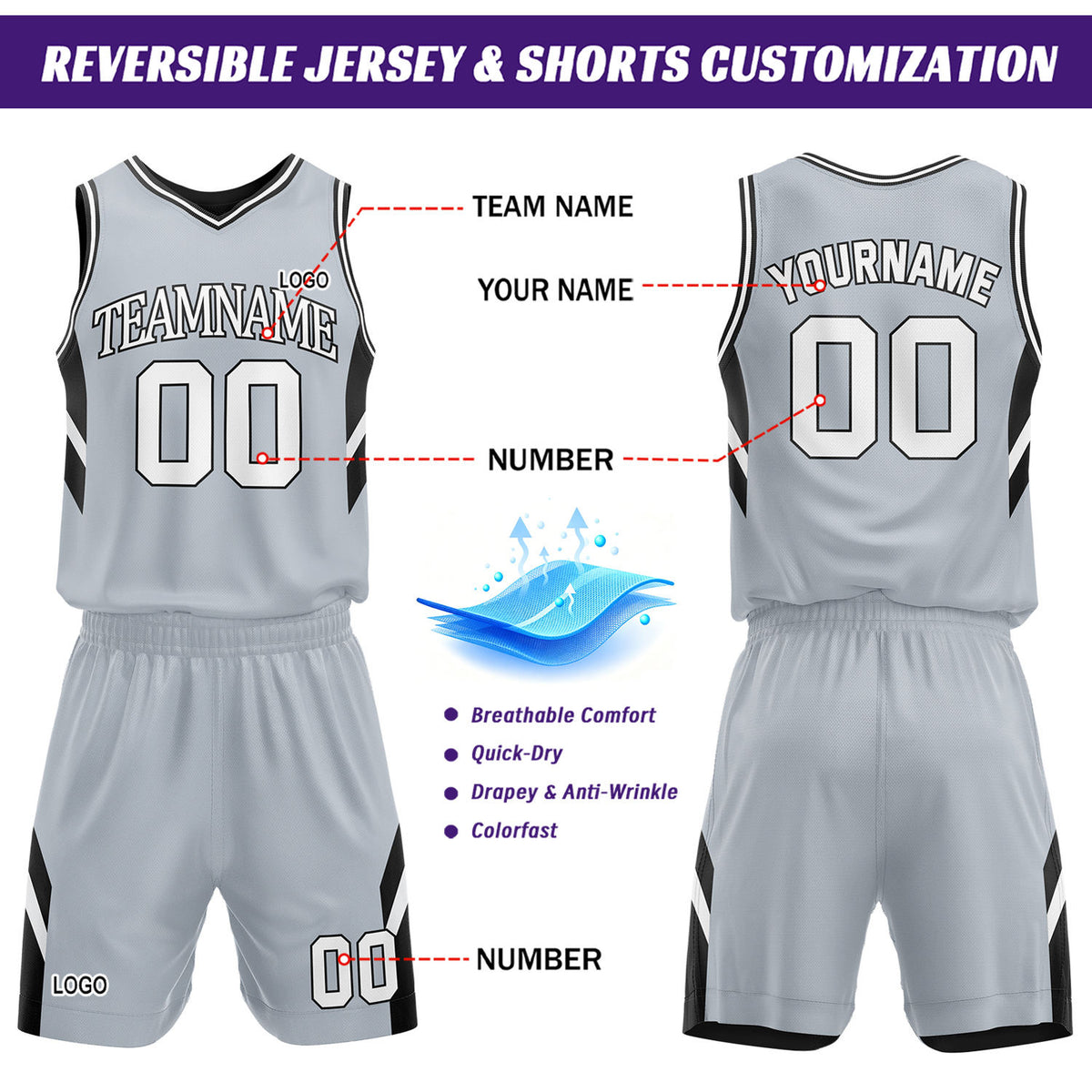 Custom Grey & Black Reversible Mesh Basketball Uniform Set, Personalized Printed Name Number Jersey & Shorts for Adult & Youth