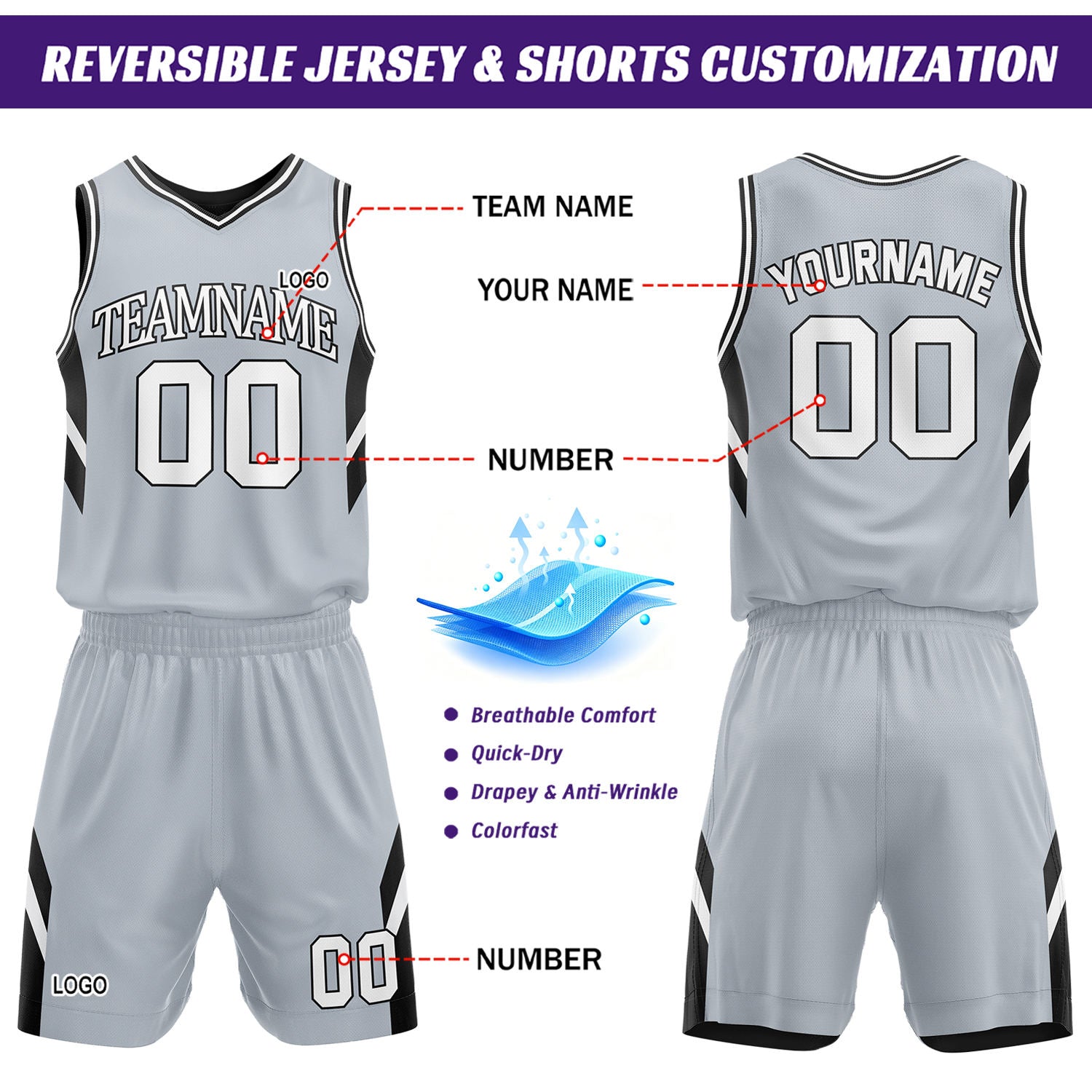 Custom Grey & Black Reversible Mesh Basketball Uniform Set, Personalized Printed Name Number Jersey & Shorts for Adult & Youth