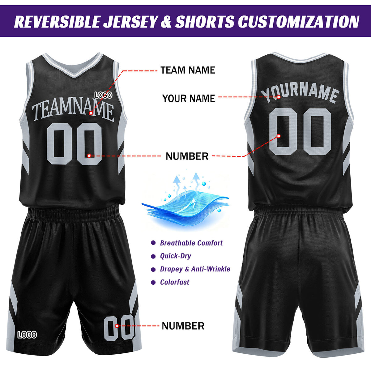 Custom Grey & Black Reversible Mesh Basketball Uniform Set, Personalized Printed Name Number Jersey & Shorts for Adult & Youth