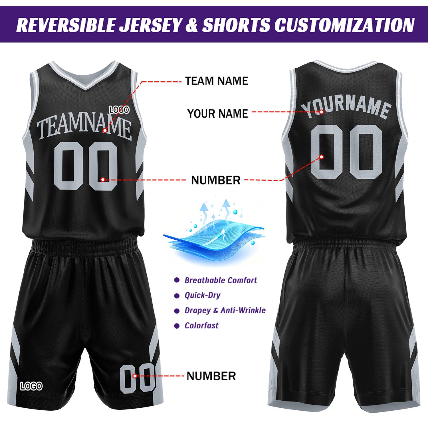 Custom Grey & Black Reversible Mesh Basketball Uniform Set, Personalized Printed Name Number Jersey & Shorts for Adult & Youth