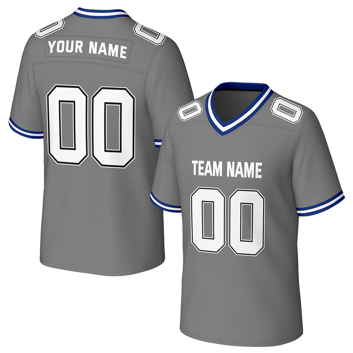 Custom grey &amp; blue football jersey by Vosoli. Personalized with team name, number, and logo. Breathable mesh jersey for high school, college, football teams.