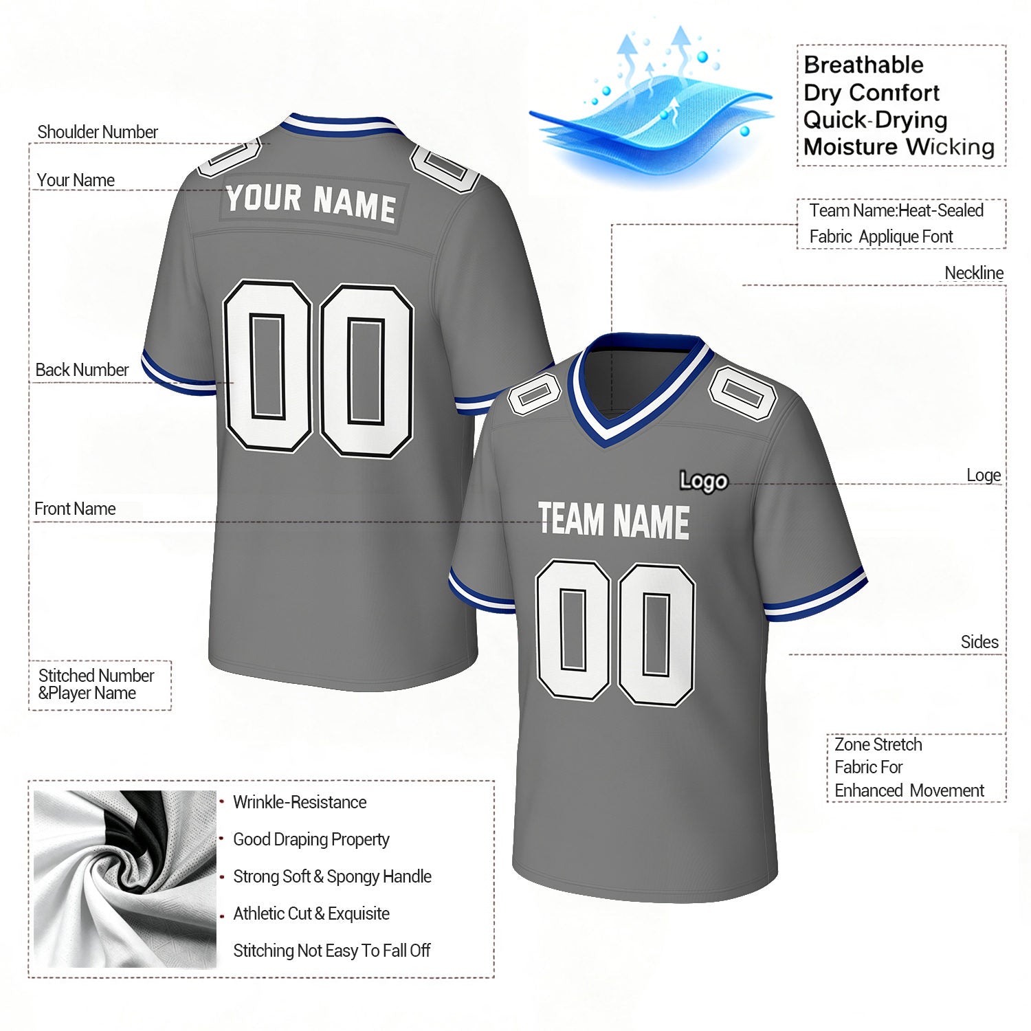 Custom grey & blue football jersey by Vosoli. Personalized with team name, number, and logo. Breathable mesh jersey for high school, college, football teams.