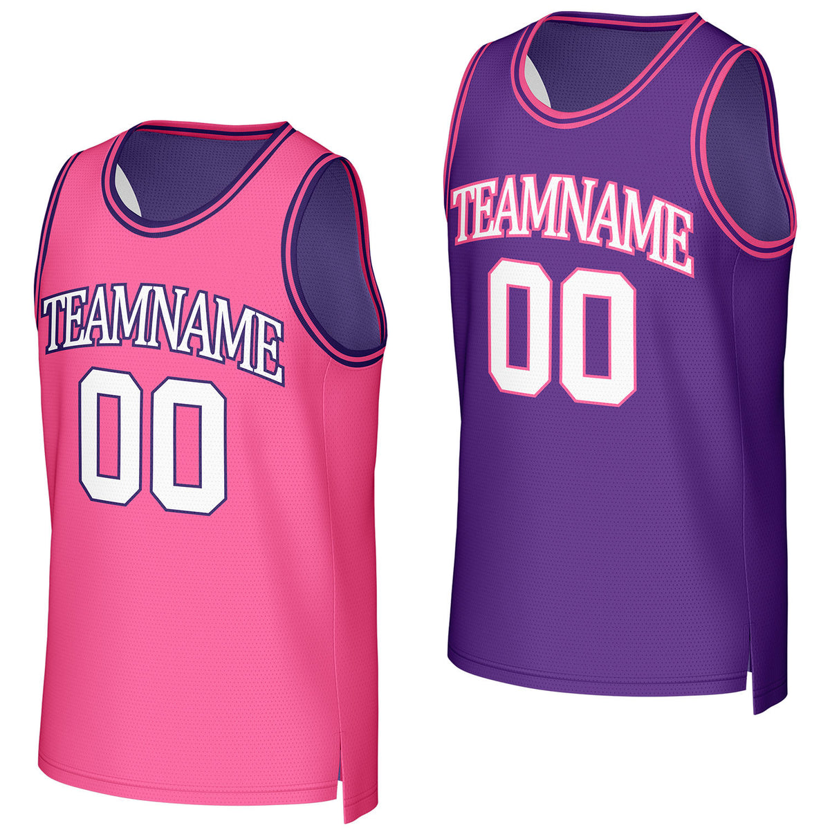 Custom hot pink &amp; purple reversible basketball jersey by Vosoli. Personalized with team name, number, and logo. Breathable mesh jersey for high school, college, AAU teams.