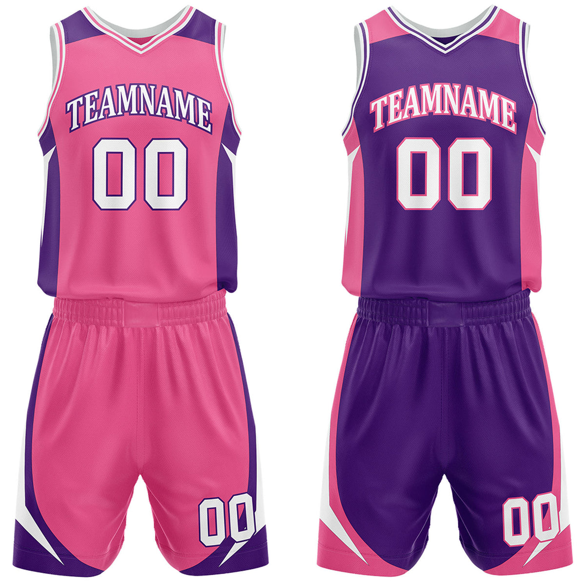 Custom hot pink and purple reversible basketball uniform by Vosoli. Personalized with team name, number, and logo. Breathable mesh jersey and shorts for high school, college, and AAU teams.