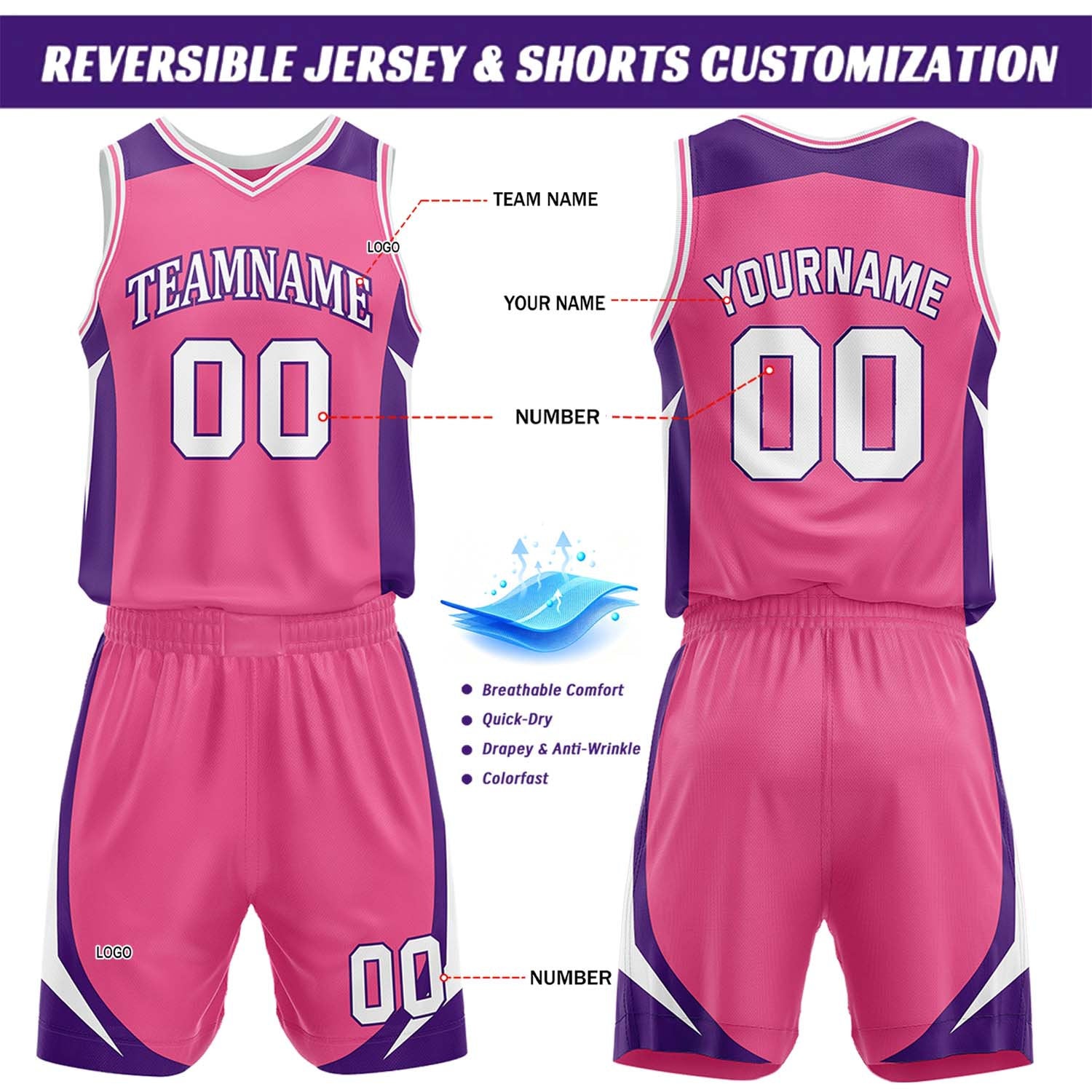 Custom Hot Pink & Purple Reversible Basketball Jersey Short Set | Personalized Team Uniforms Set for Adult Youth
