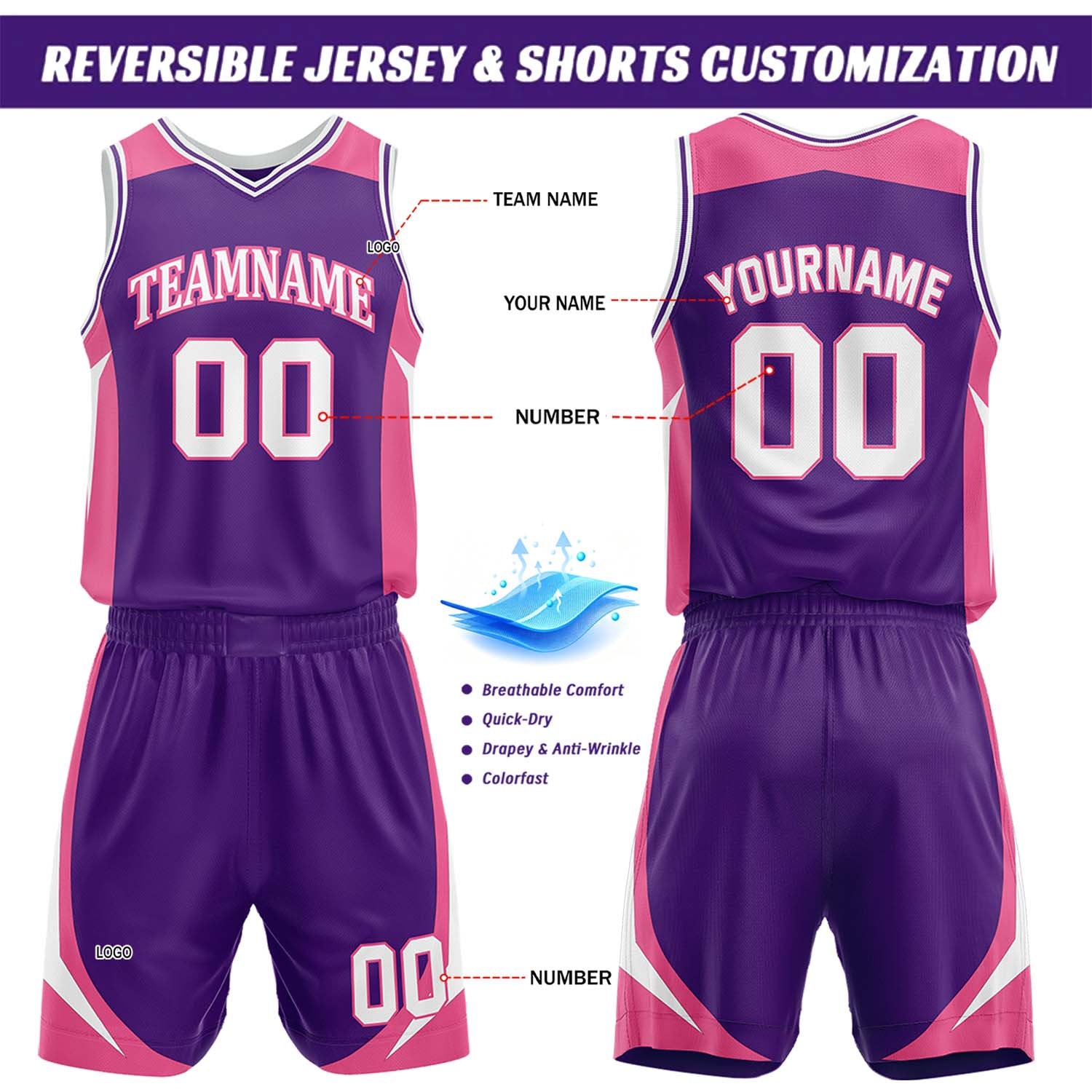 Custom Hot Pink & Purple Reversible Basketball Jersey Short Set | Personalized Team Uniforms Set for Adult Youth