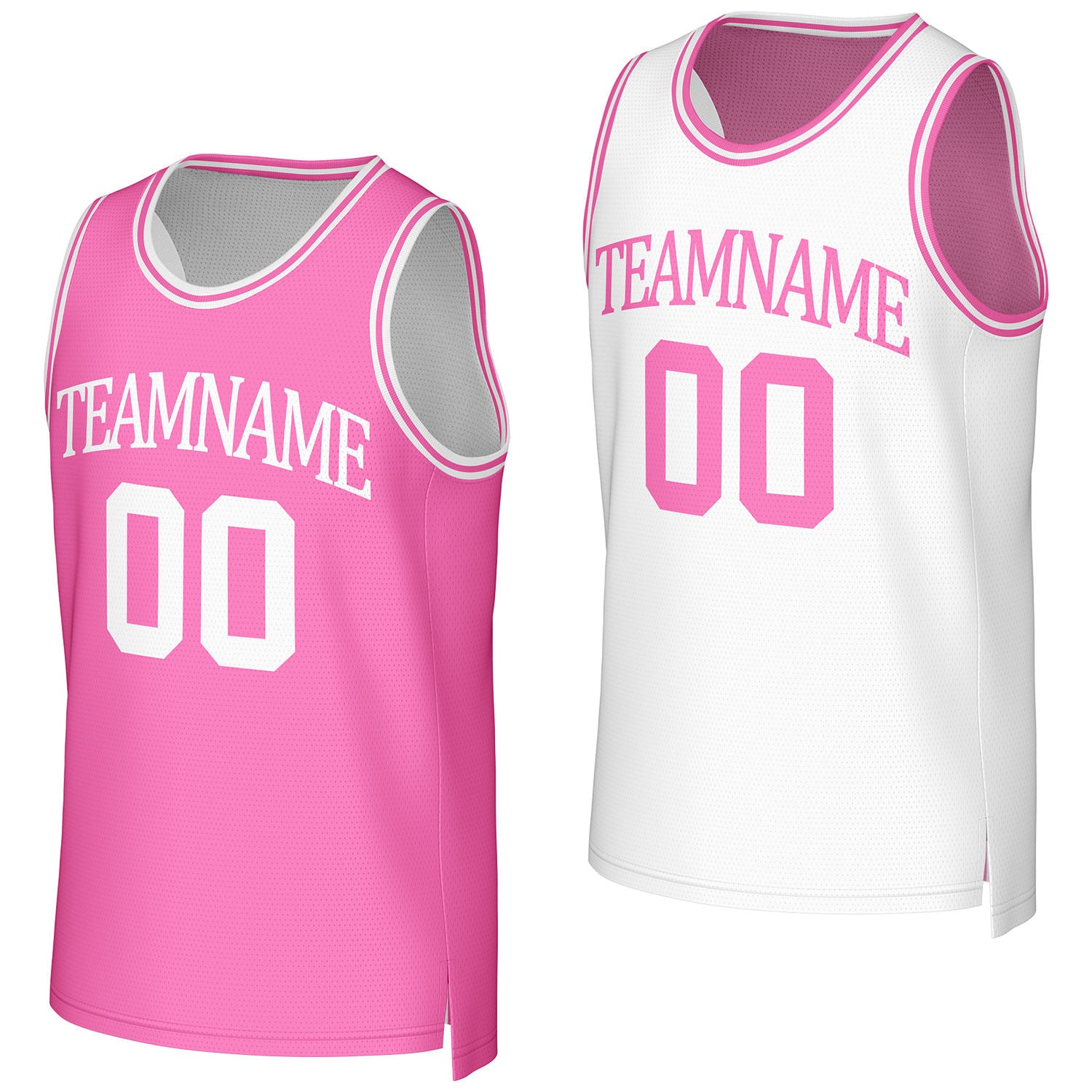 Custom hot pink & white reversible basketball jersey by Vosoli. Personalized with team name, number, and logo. Breathable mesh jersey for high school, college, AAU teams.