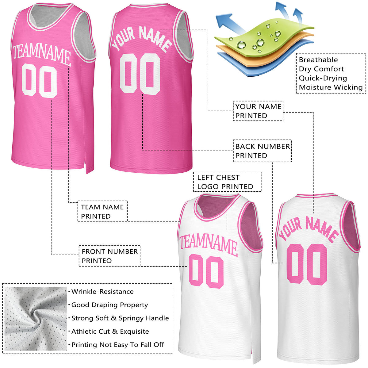 Custom Hot Pink & White Reversible Basketball Jersey | Personalized Team Uniform Top