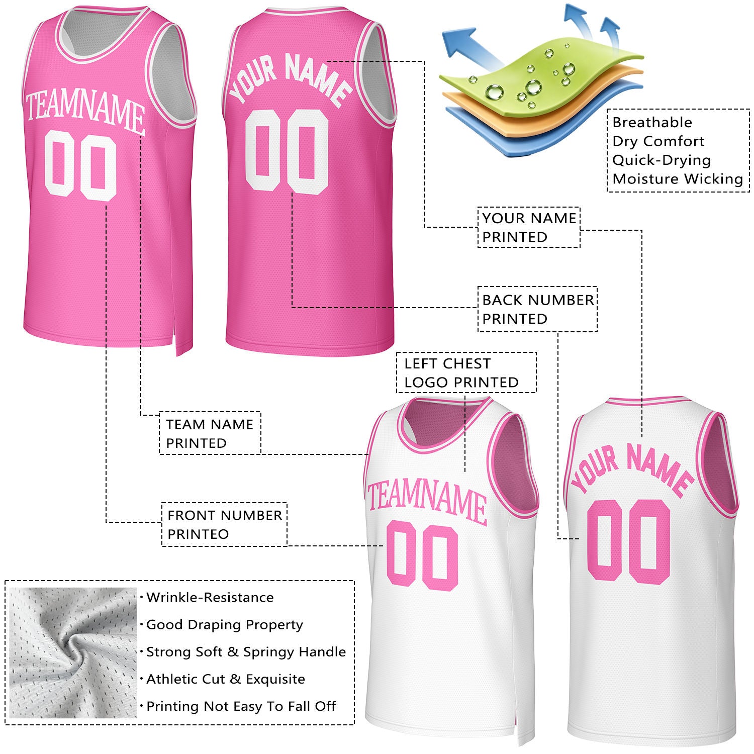 Custom Hot Pink & White Reversible Basketball Jersey | Personalized Team Uniform Top