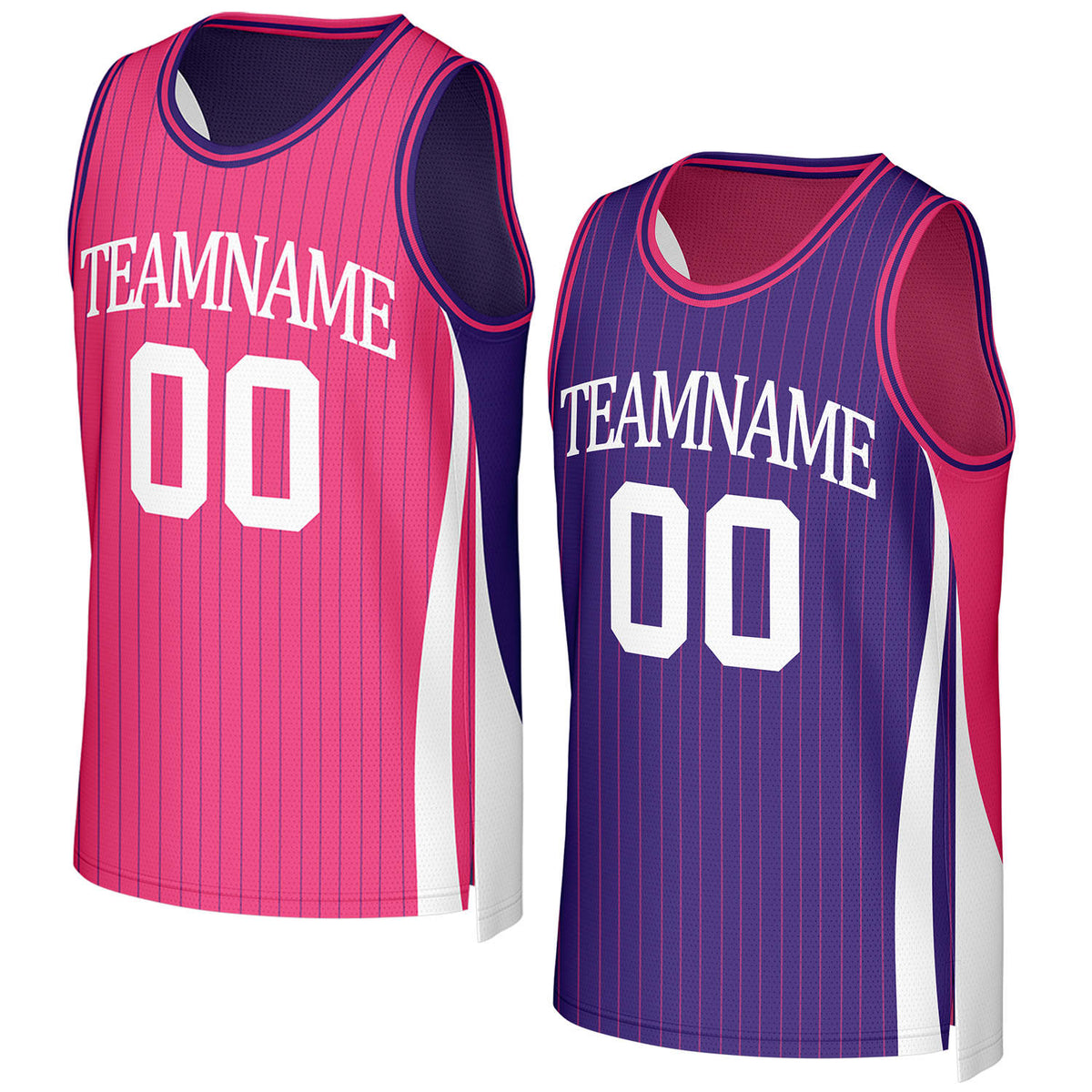 Custom hot pink & purple pinstripe reversible basketball jersey by Vosoli. Personalized with team name, number, and logo. Breathable mesh jersey for high school, college, AAU teams.