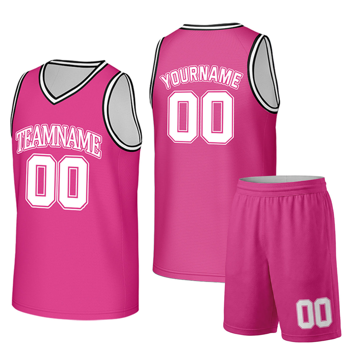 Custom hot pink and white basketball uniform set by Vosoli. Personalized team name, player name, number and logo. Breathable mesh jersey and shorts for high school, college and AAU teams.