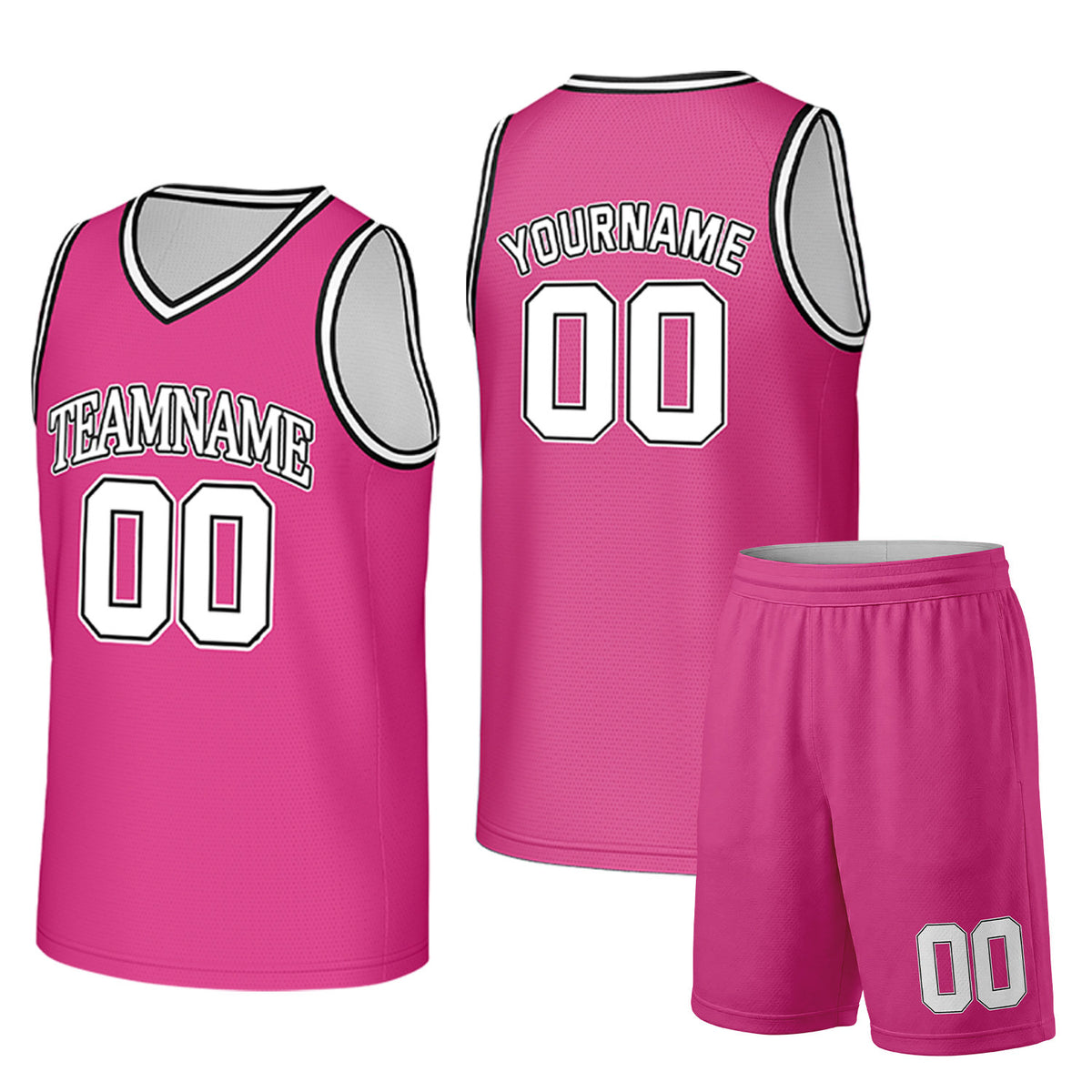 Custom hotpink and white basketball uniform set by Vosoli. Personalized team name, player name, number and logo. Breathable mesh jersey and shorts for high school, college and AAU teams.