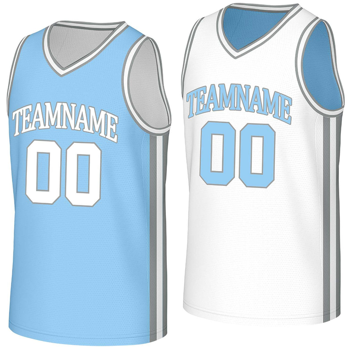 Custom light blue &amp; white reversible basketball jersey by Vosoli | Personalized team name, number &amp; logo | Breathable mesh reversible sport jersey
