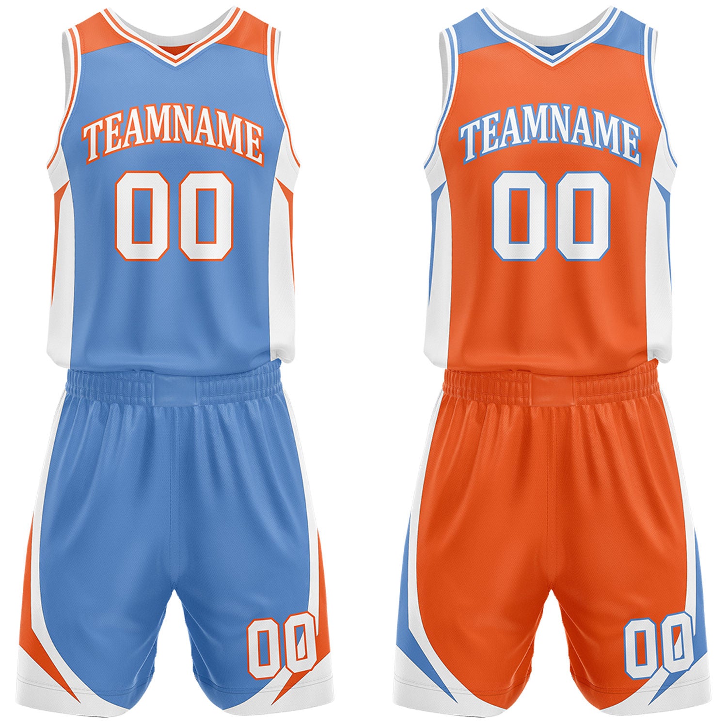 Custom light blue and orange reversible basketball uniform by Vosoli. Personalized with team name, number, and logo. Breathable mesh jersey and shorts for high school, college, and AAU teams.