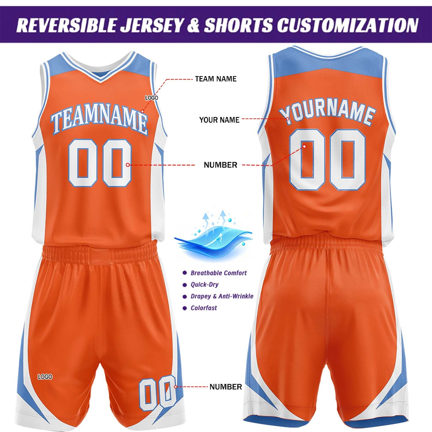 Custom Light Blue & Orange Reversible Basketball Jersey Short Set | Personalized Team Uniforms Set for Adult Youth