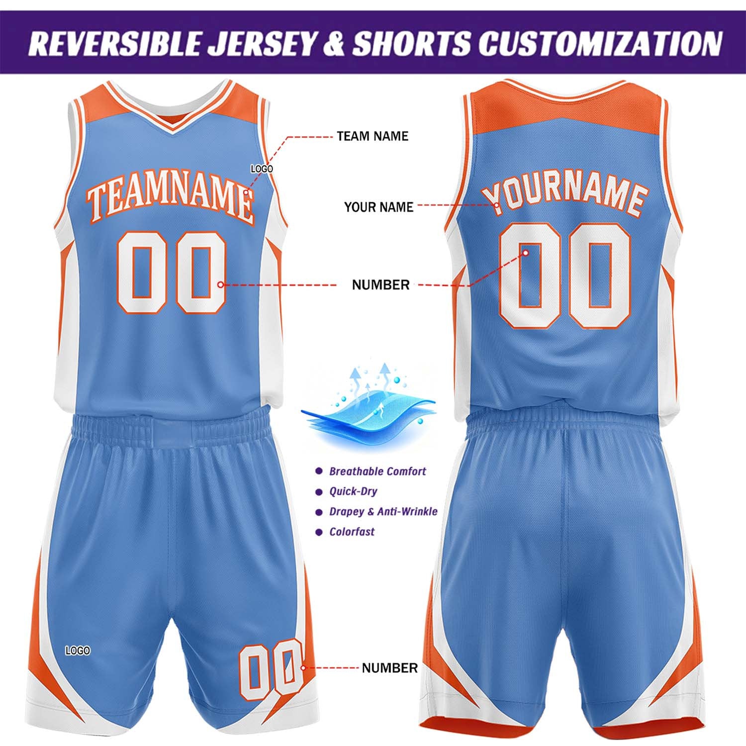 Custom Light Blue & Orange Reversible Basketball Jersey Short Set | Personalized Team Uniforms Set for Adult Youth