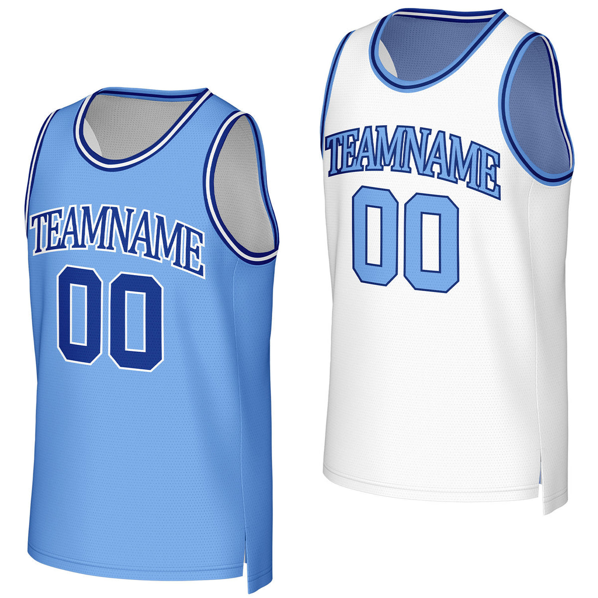 Custom light blue &amp; white reversible basketball jersey by Vosoli. Personalized with team name, number, and logo. Breathable mesh jersey for high school, college, AAU teams.