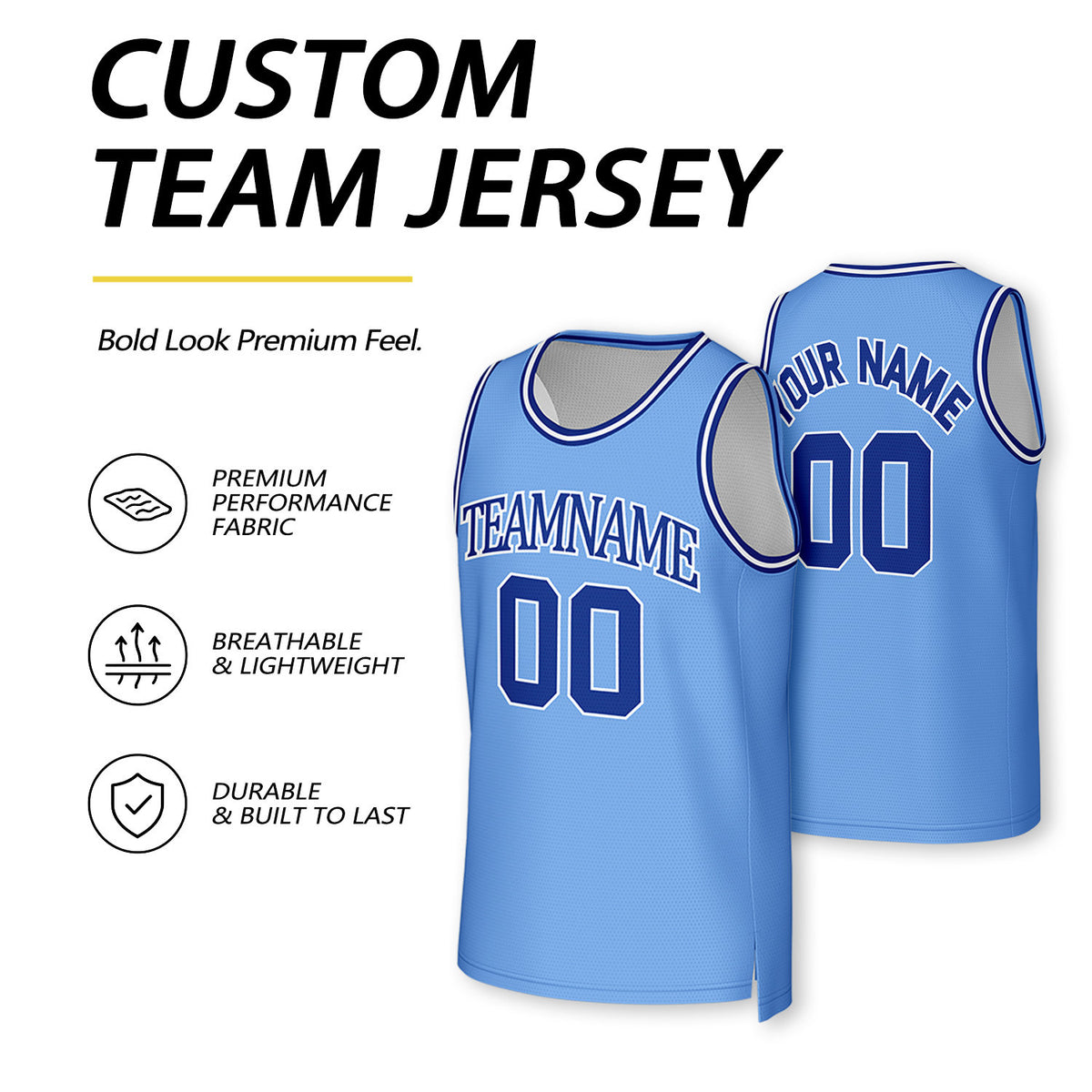 Custom Light Blue & White Reversible Basketball Jersey | Personalized Team Uniform Top