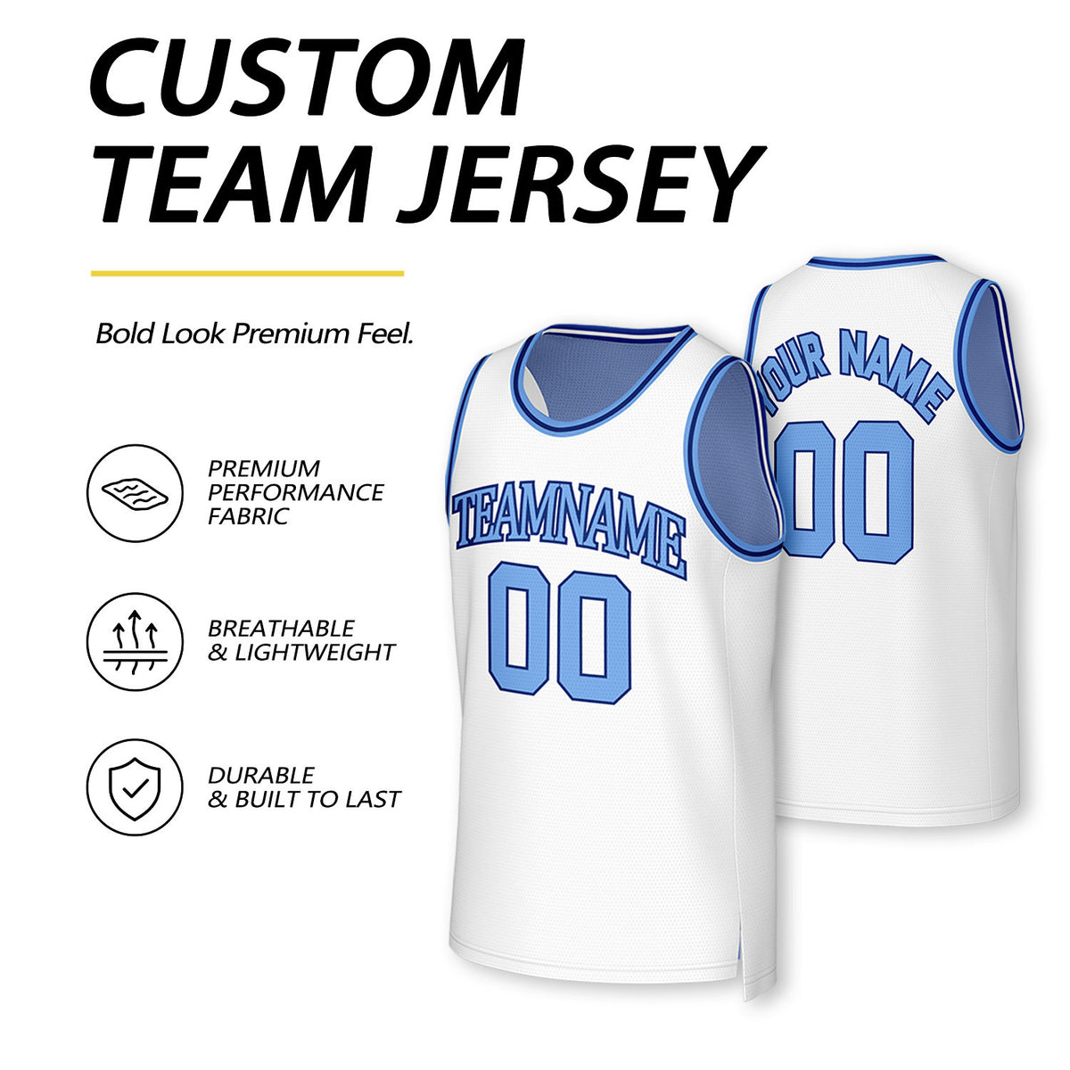 Custom Light Blue & White Reversible Basketball Jersey | Personalized Team Uniform Top