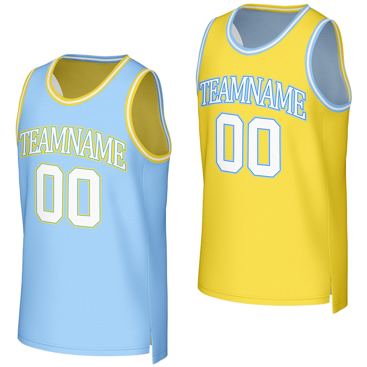 Custom light blue &amp; yellow reversible basketball jersey by Vosoli. Personalized with team name, number, and logo. Breathable mesh jersey for high school, college, AAU teams.