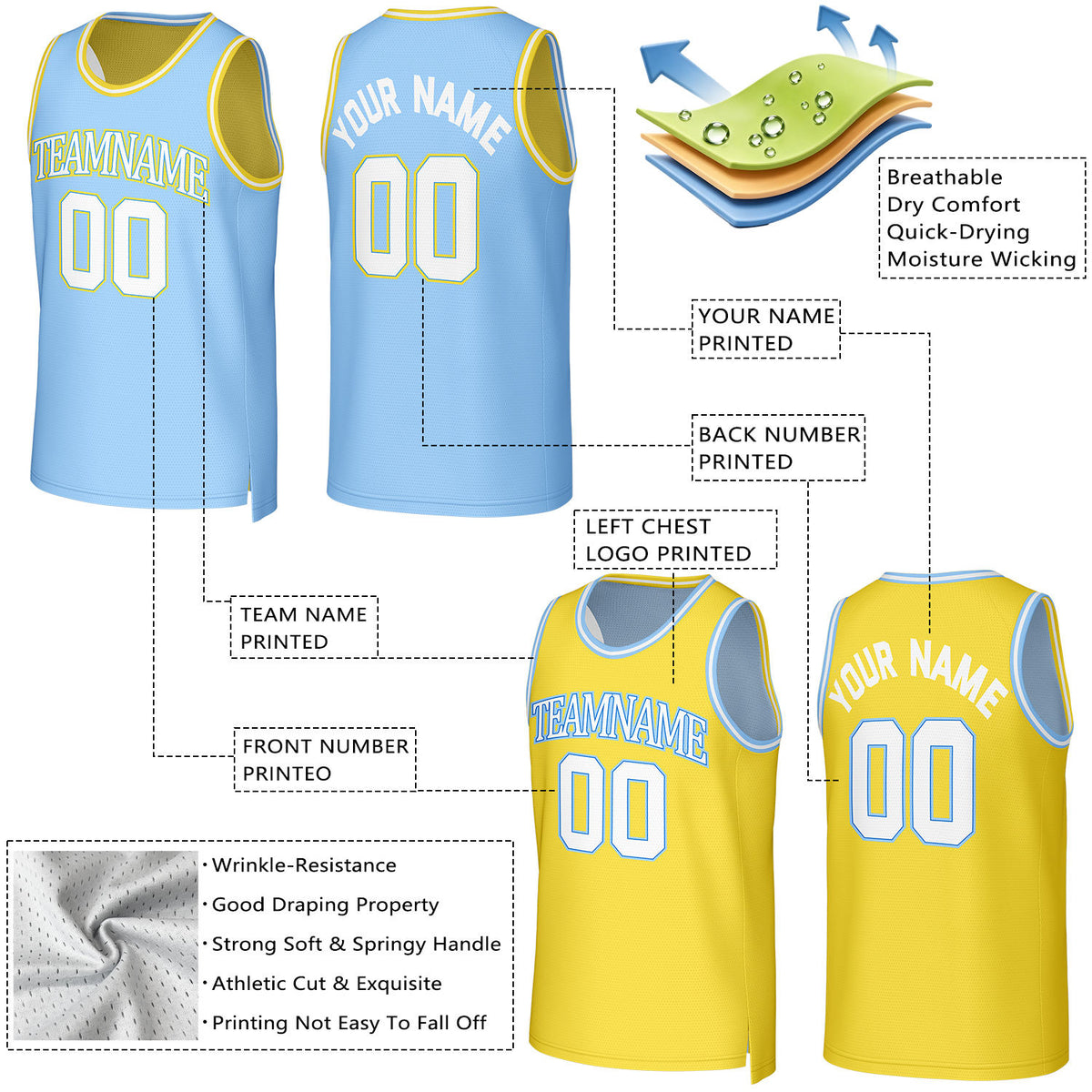 Custom Light Blue & Yellow Reversible Basketball Jersey | Personalized Team Uniform Top