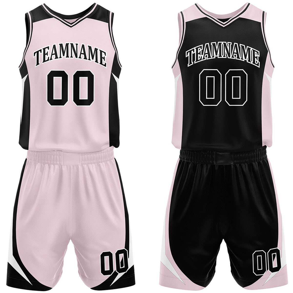 Custom light pink and black reversible basketball uniform by Vosoli. Personalized with team name, number, and logo. Breathable mesh jersey and shorts for high school, college, and AAU teams.