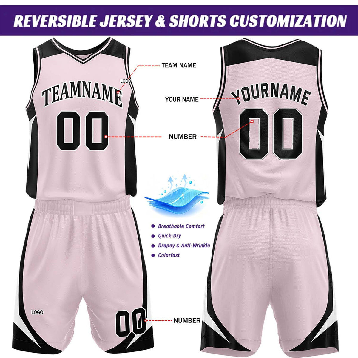 Custom Light Pink & Black Reversible Basketball Jersey Short Set | Personalized Team Uniforms Set for Adult Youth