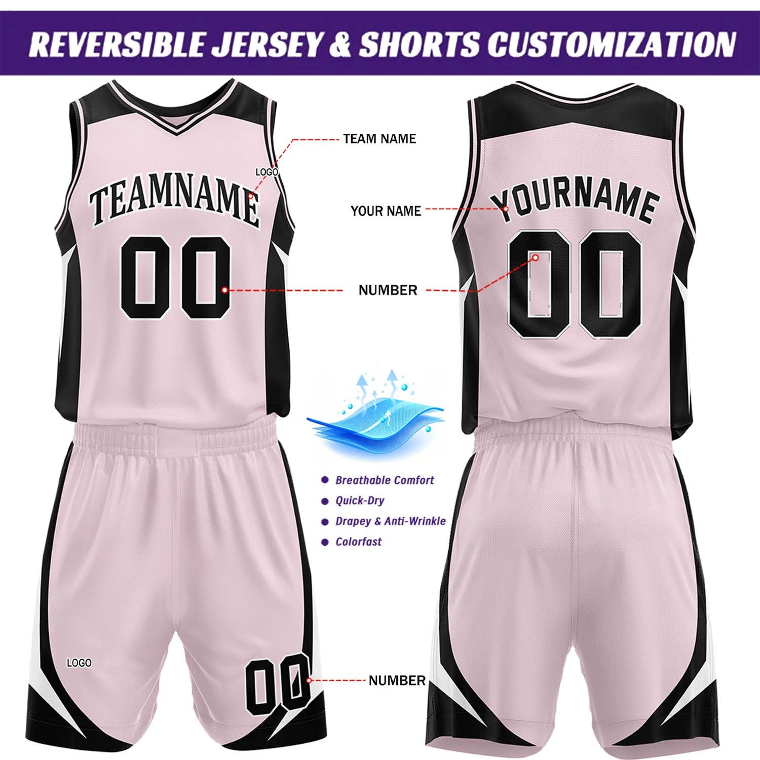 Custom Light Pink & Black Reversible Basketball Jersey Short Set | Personalized Team Uniforms Set for Adult Youth