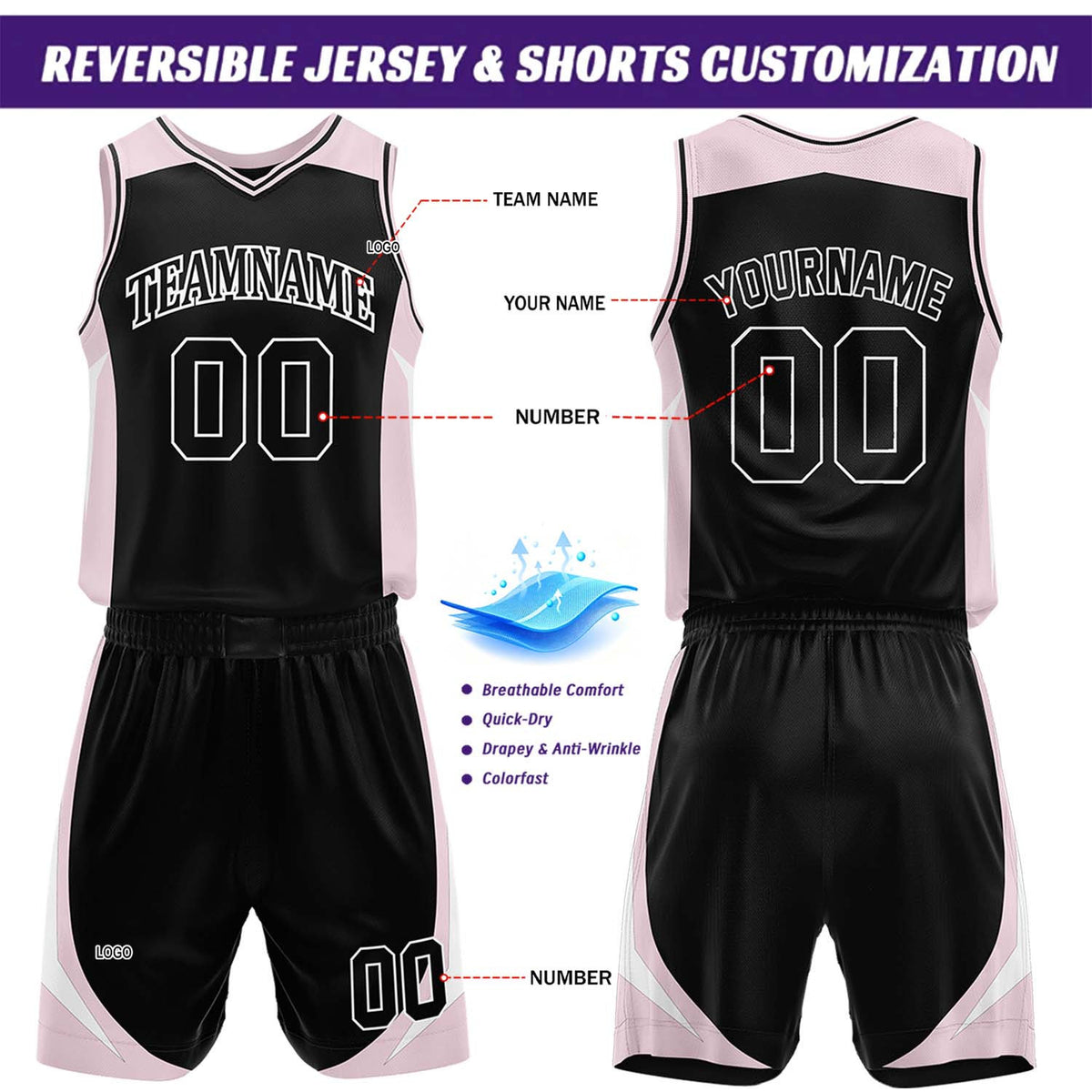 Custom Light Pink & Black Reversible Basketball Jersey Short Set | Personalized Team Uniforms Set for Adult Youth