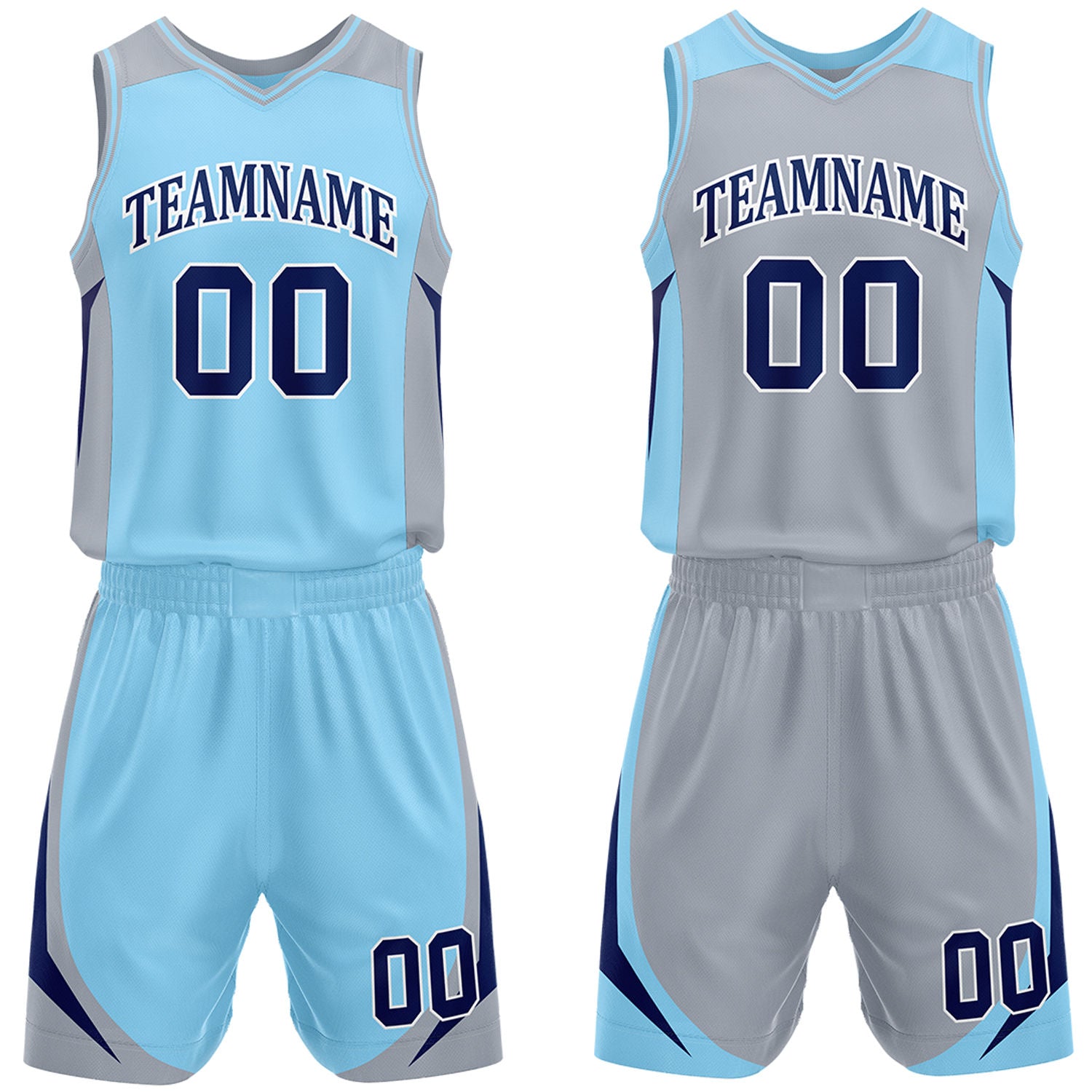 Custom light blue and grey reversible basketball uniform by Vosoli. Personalized with team name, number, and logo. Breathable mesh jersey and shorts for high school, college, and AAU teams.